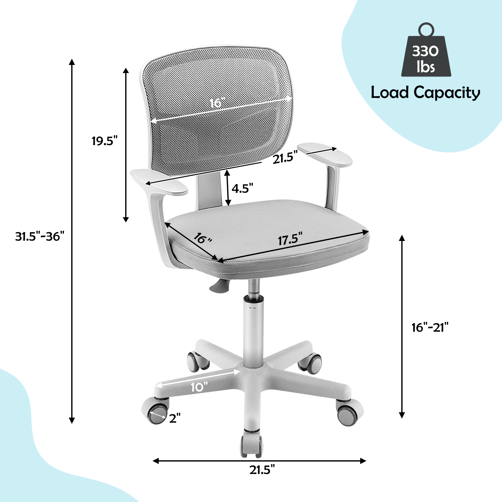SUGIFT Ergonomic Adjustable Desk Chair Armrests & 5 Rolling Casters 330-lb Capacity for Kids Blue Pink Turquoise Purple