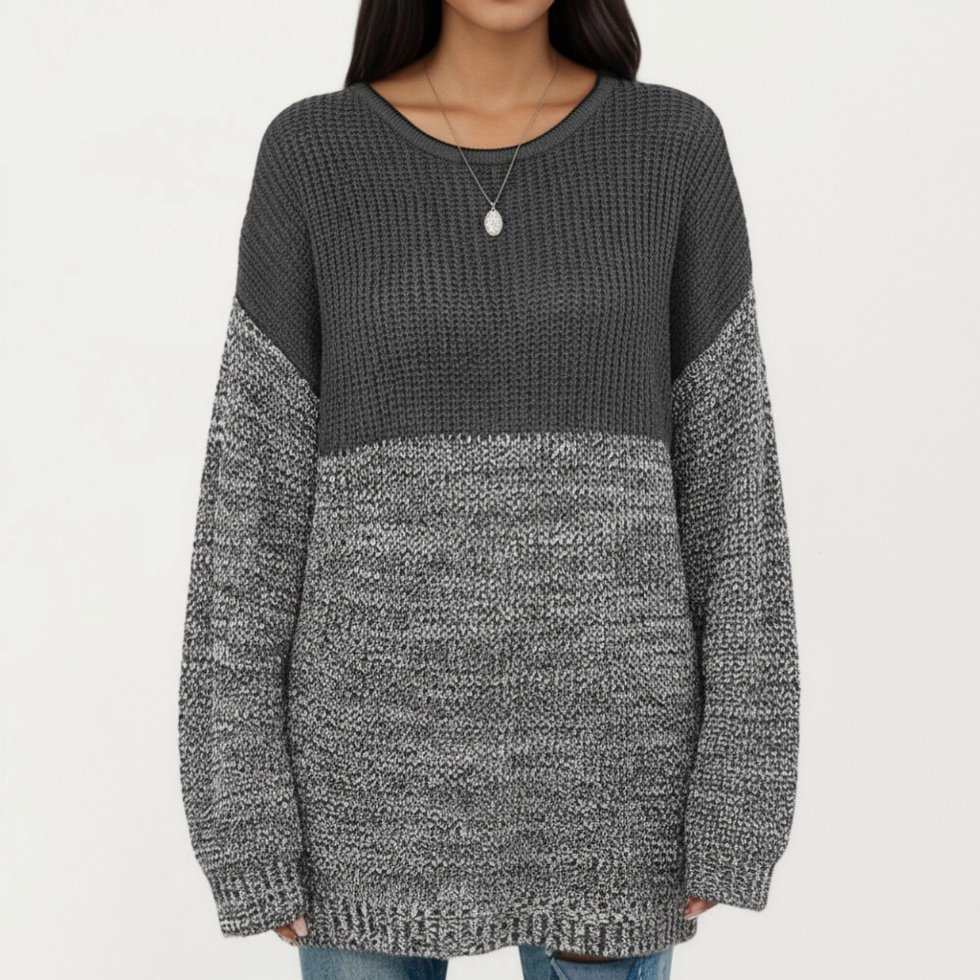 Anna-Kaci Women's Colorblock Waffle Marled Stitch Long Sleeve Knit Sweater