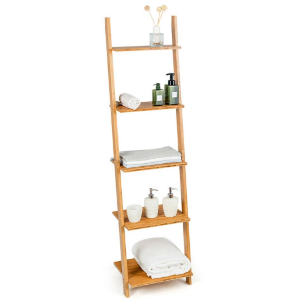 Hivvago 5-Tier Modern Bamboo Wall-Leaning Display Ladder Bookshelf