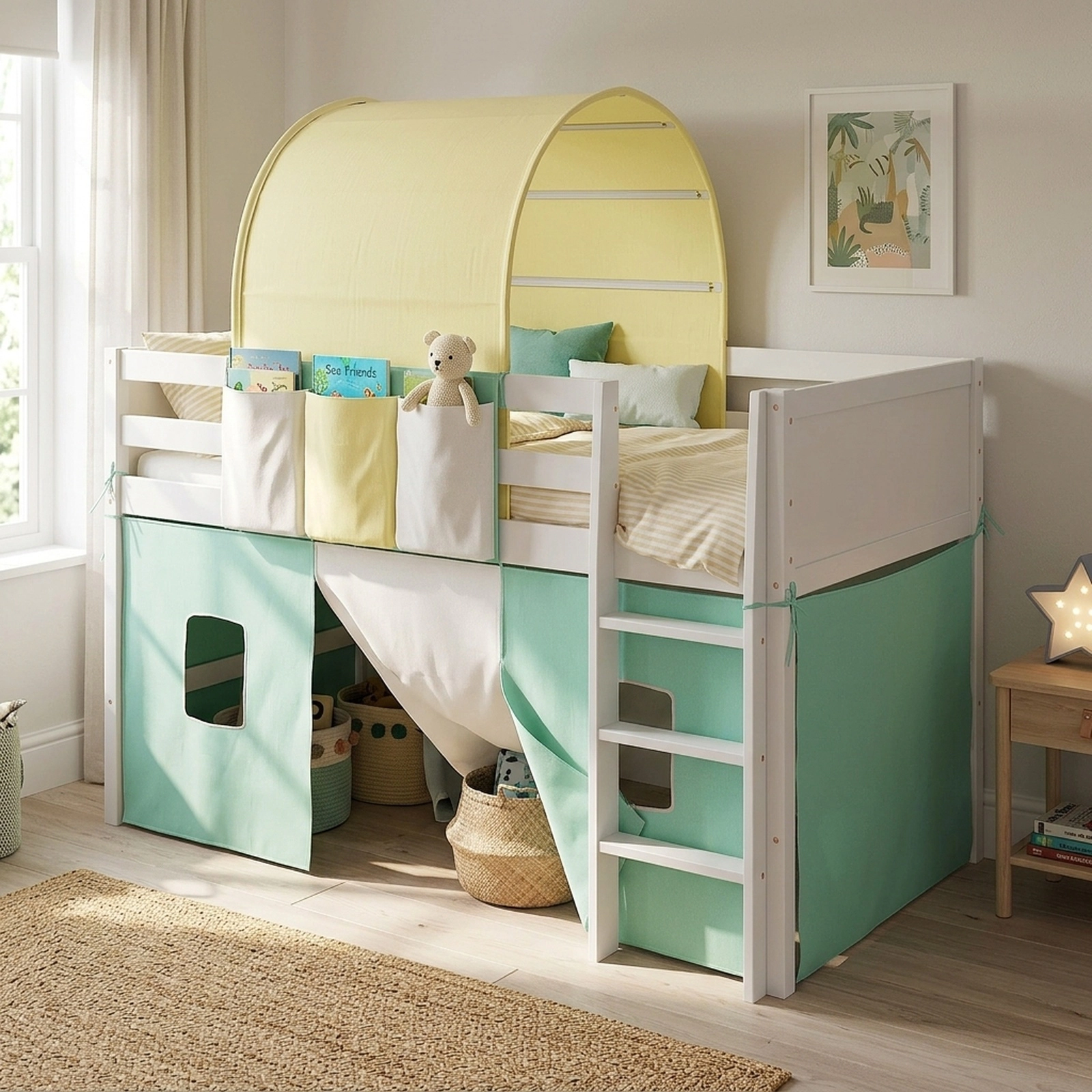 SUGIFT Twin Playhouse Loft Bed with Arched Tower Tent, Storage Pockets, 14-in Guardrails, Turquoise