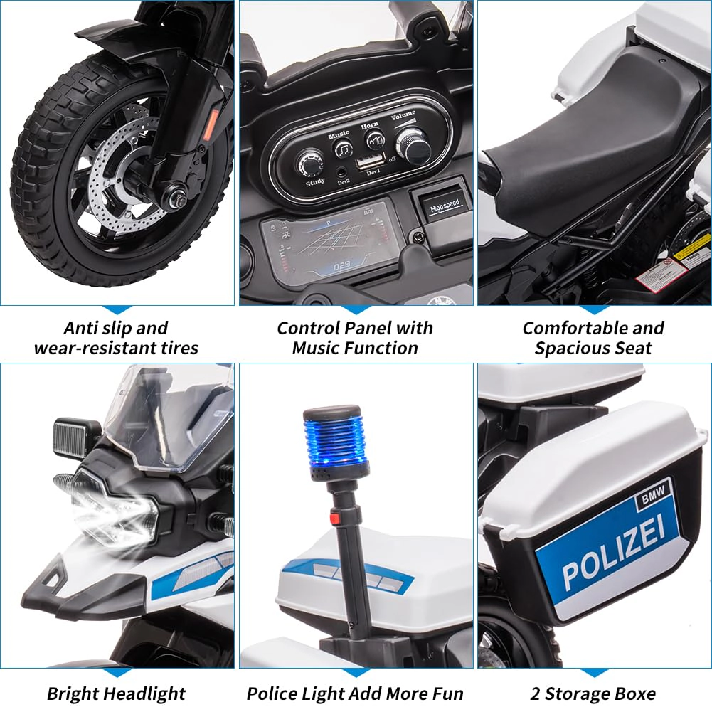 12V Licensed BMW Police Motorcycle for Kids, Ride On Bike w/High-Low Speed, LED Lights, 2 Storage Boxes & Suspension