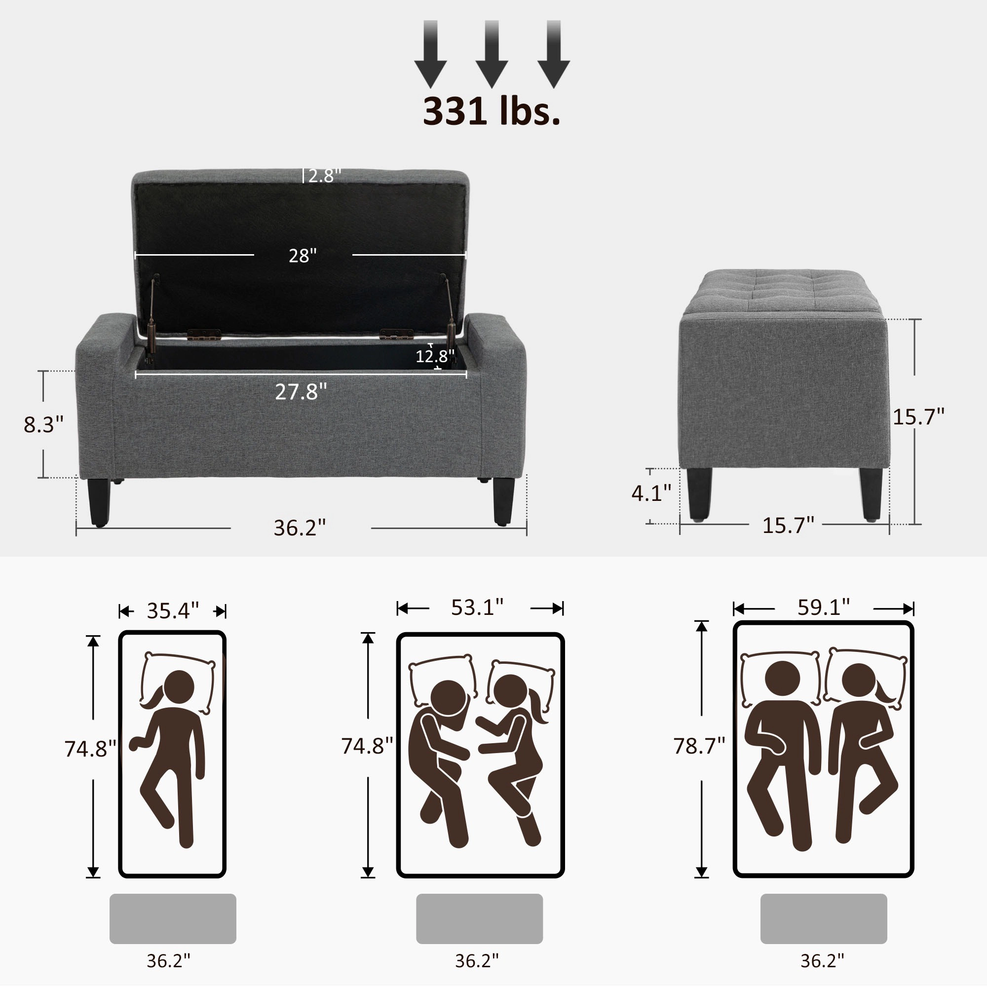 HONGGE 36 In Storage Ottoman Bench with Lift Top, Linen Upholstered with Rubberwood Legs