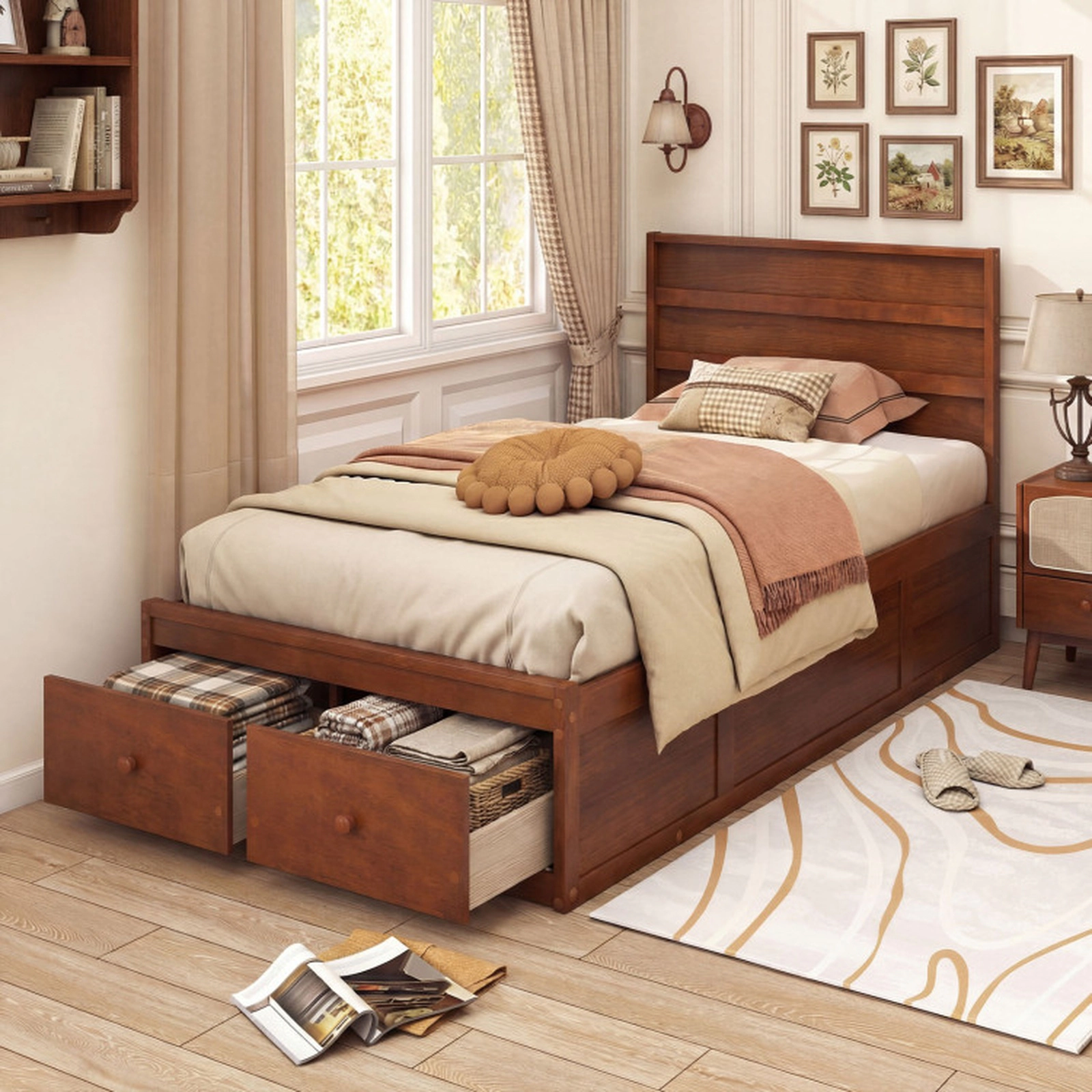 SUGIFT Twin Size Platform Bed Frame with 2 Storage Drawers 350-lb Bed Capacity Walnut