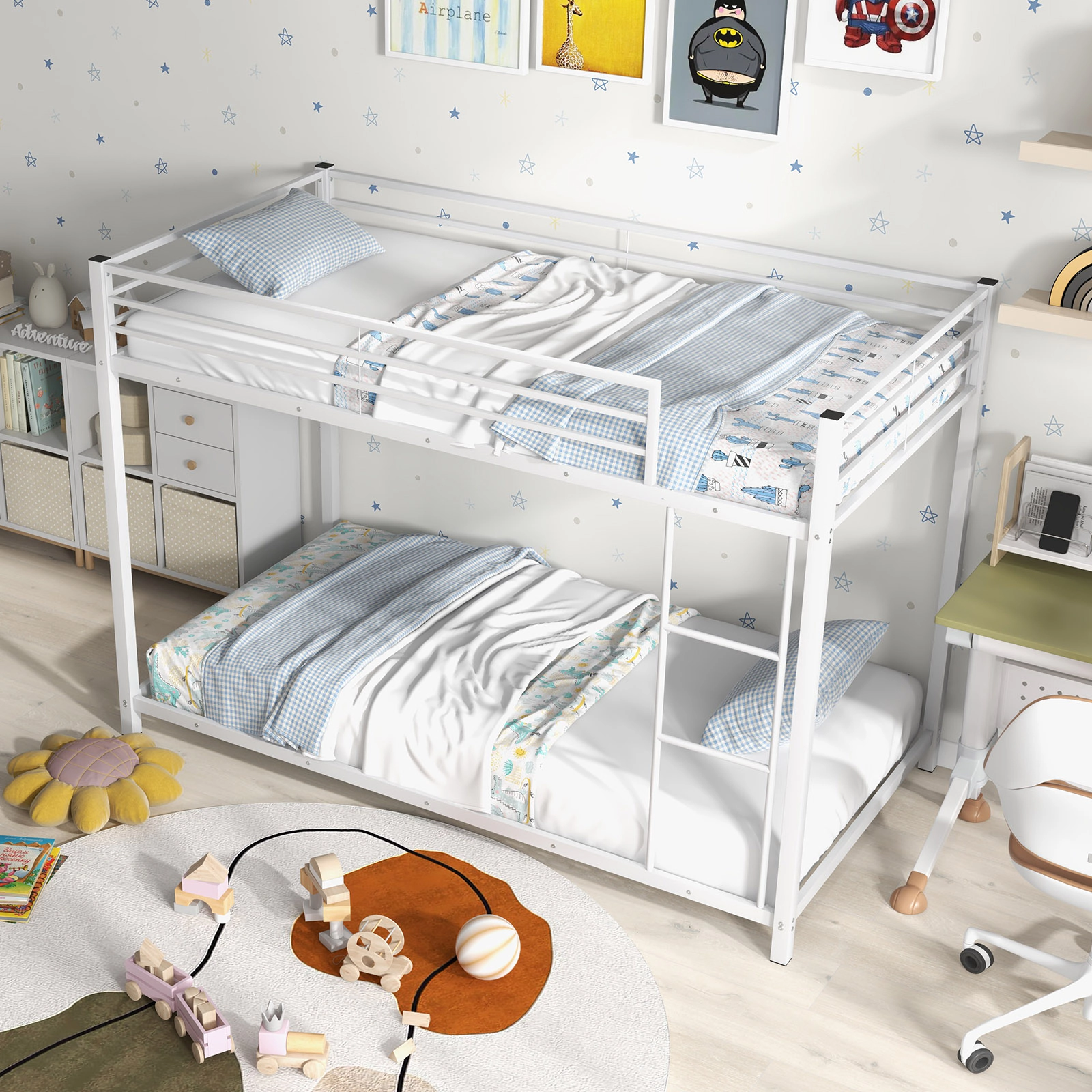 SUGIFT Twin-Over-Twin Low-Profile Metal Bunk Bed, White