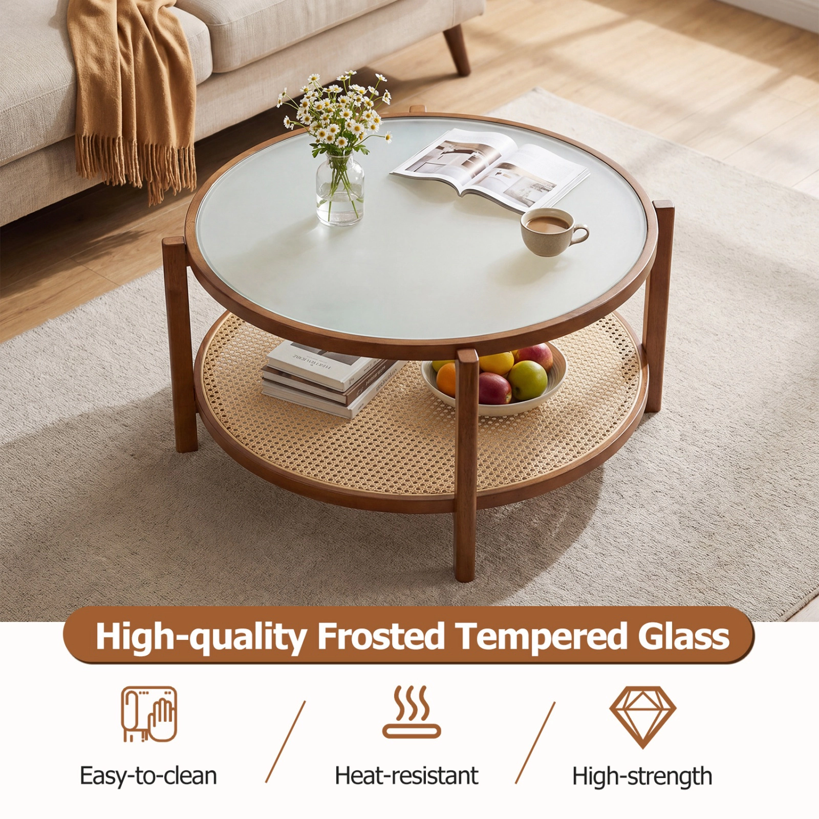 SUGIFT 2-Tier Round Frosted Glass Top PE Rattan Shelf Coffee Table 35-in x 35-in x 18-in 110-lb Capacity Walnut