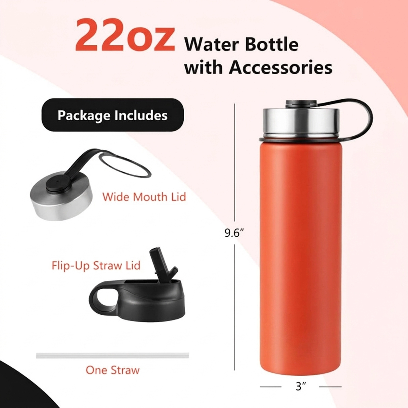 SUGIFT 22-oz Double-Walled Vacuum Insulated Stainless Steel Water Bottle 2 Lids Straw 12-Hour Hot 24-Hour Cold Orange