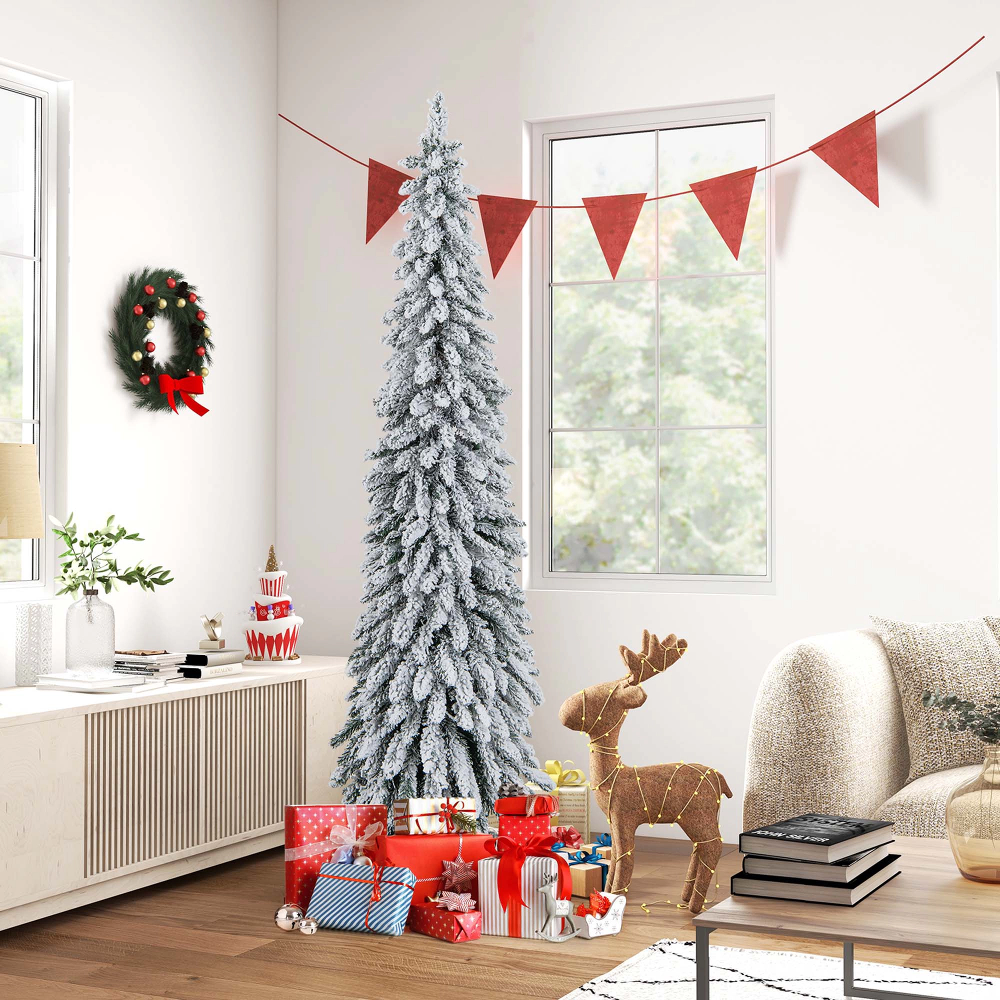 Costway 4 FT Pre-Lit Slim Christmas Tree Flocked Xmas Decoration 11 Modes 100 LED Lights