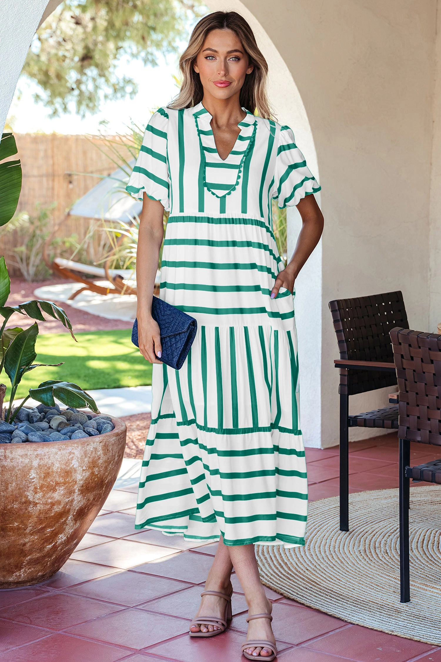 Threaded Pear Womens Luna Half Sleeve Vacation Dress - Green Stripe