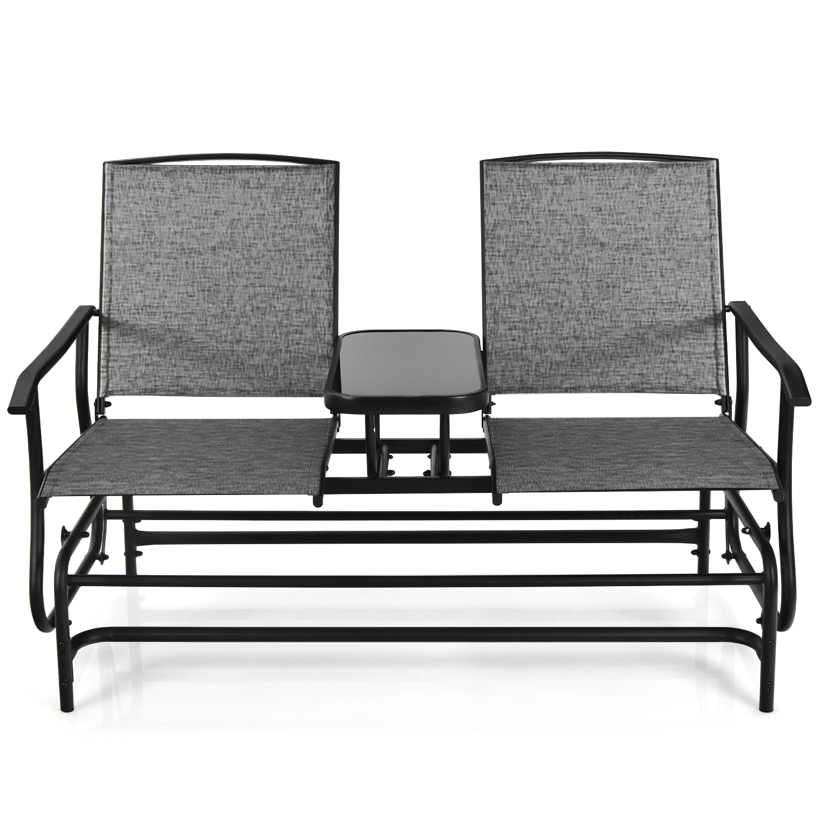 SUGIFT 2-Person Rocking Loveseat with Center Tempered Glass Table 530-lb Capacity Gray
