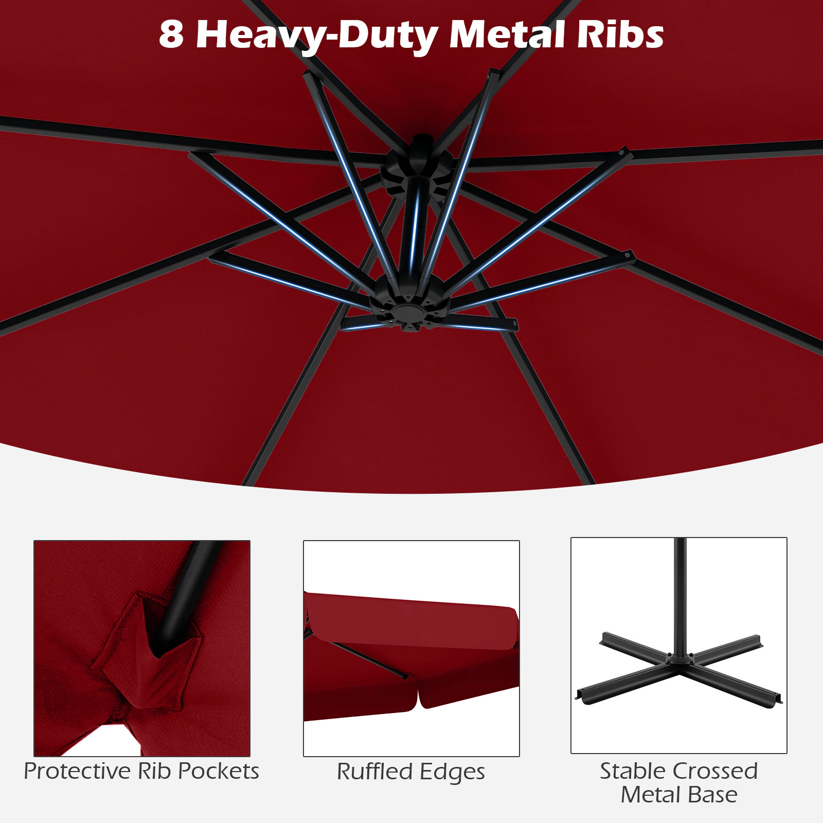SUGIFT 10-ft Wine Offset Cantilever Patio Umbrella with Ruffled Edge 45-Degree Tilt and Zippered Cover
