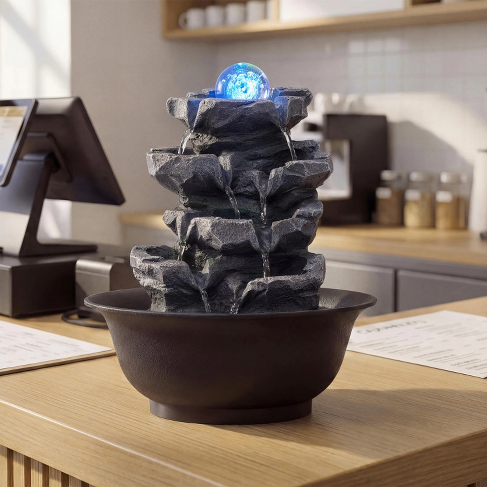 SUGIFT Rolling Crystal Ball Tabletop Water Fountain Color-Changing LED Light PP Resin 8.5 x 10.5-in 2.5-lb Black
