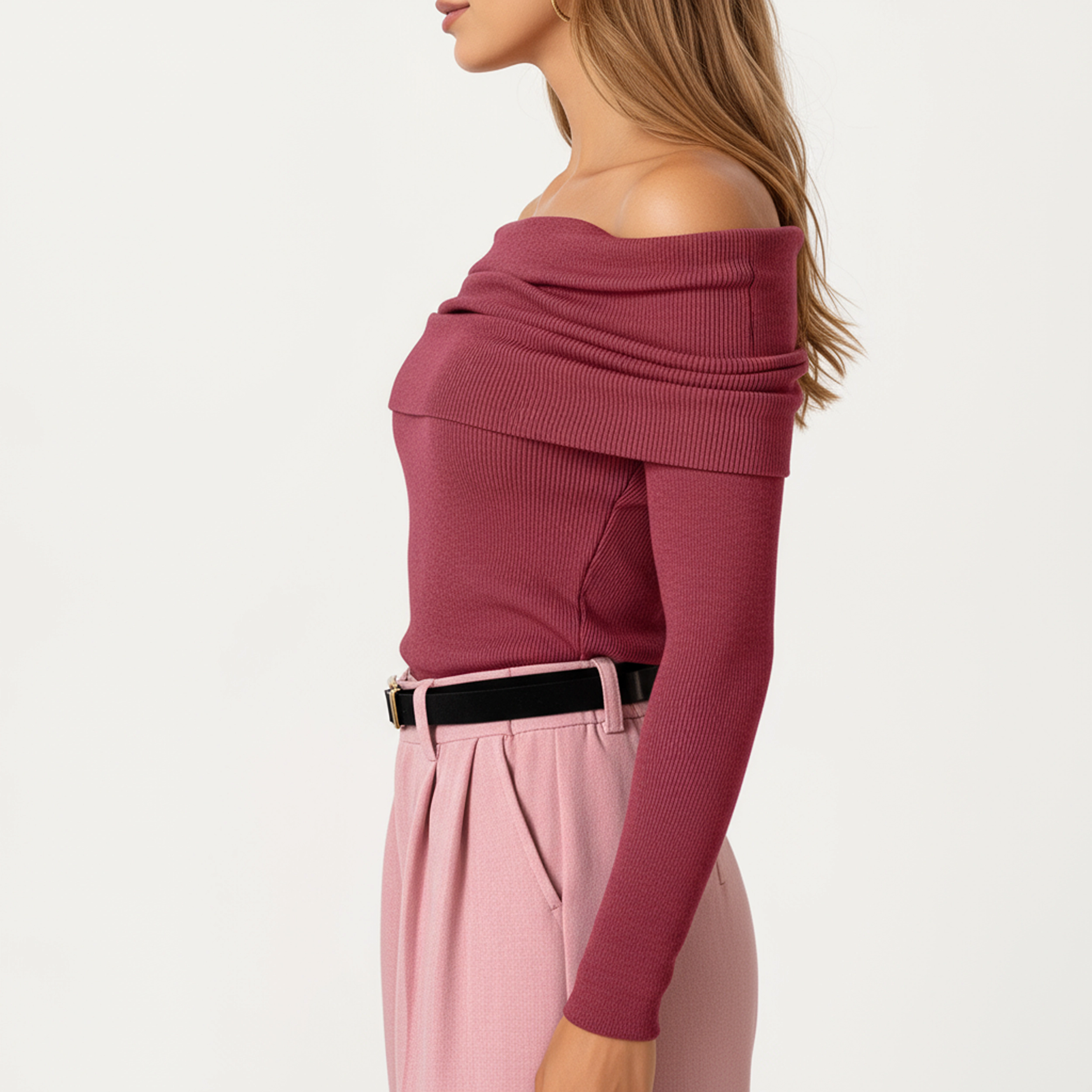 Anna-Kaci Women's Off-Shoulder Ribbed Knit Long Sleeve Top with Foldover Neckline