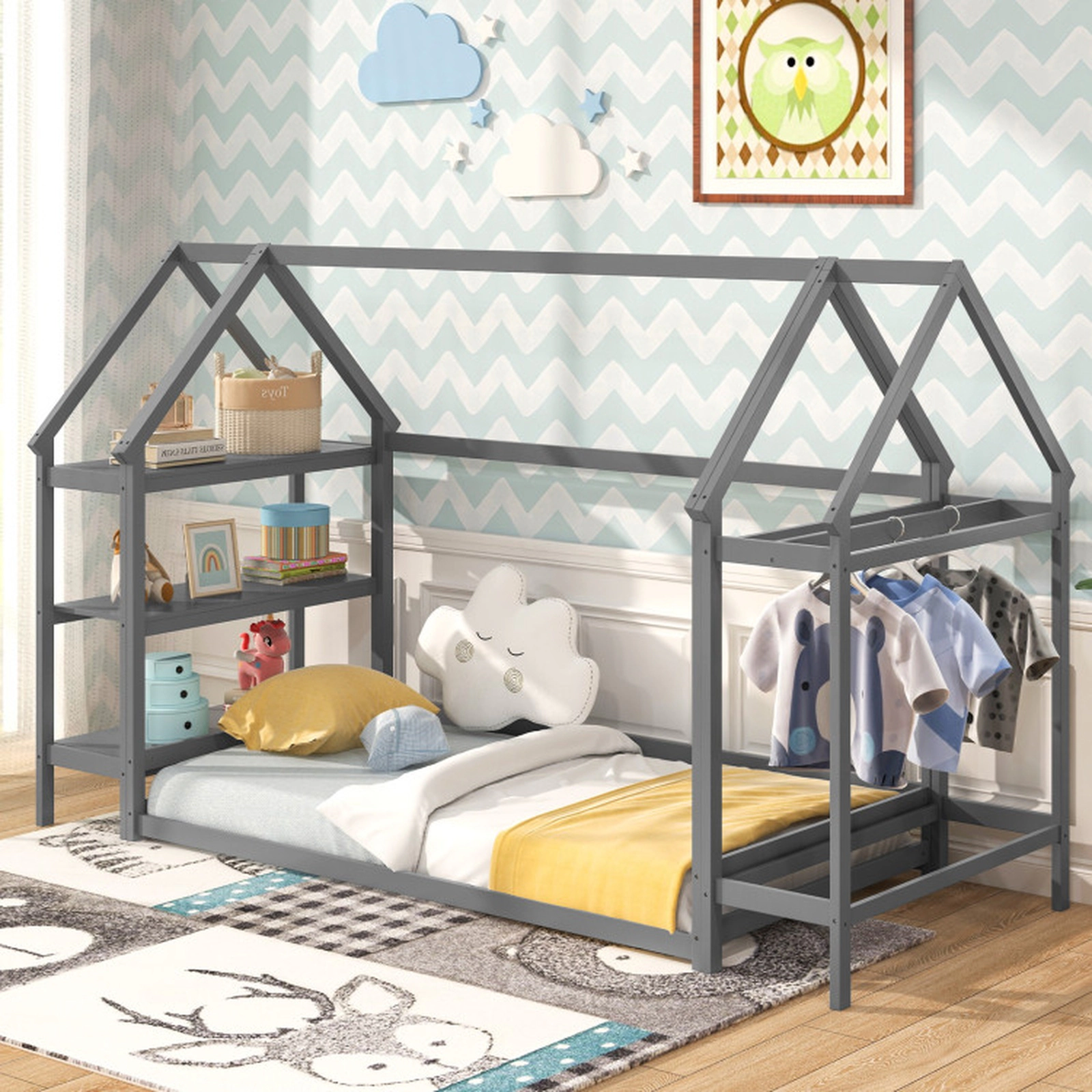 SUGIFT Gray Detachable Storage Shelves and Coat Rack Twin Kids Montessori House Floor Bed