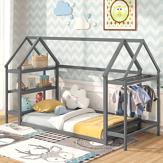 SUGIFT Gray Detachable Storage Shelves and Coat Rack Twin Kids Montessori House Floor Bed