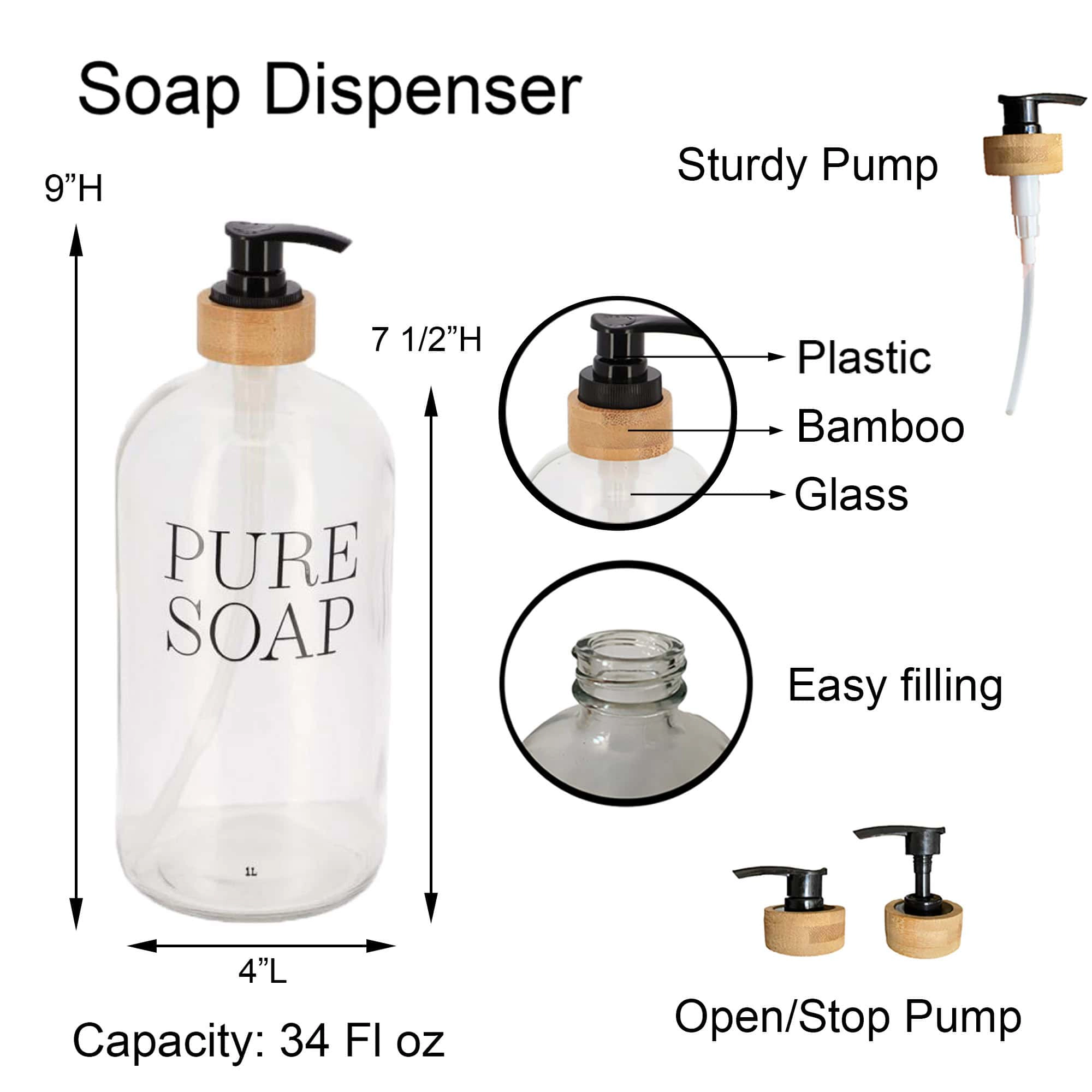 Evideco French Home Goods 34 fl oz Clear Glass Soap Dispenser with Bamboo Collar