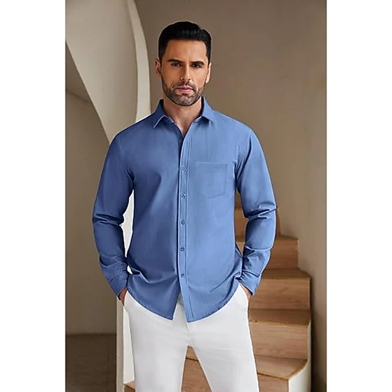 COOFANDY Mens Long Sleeve Button Down Shirts Spread Collar Chest Pocket Casual Tops