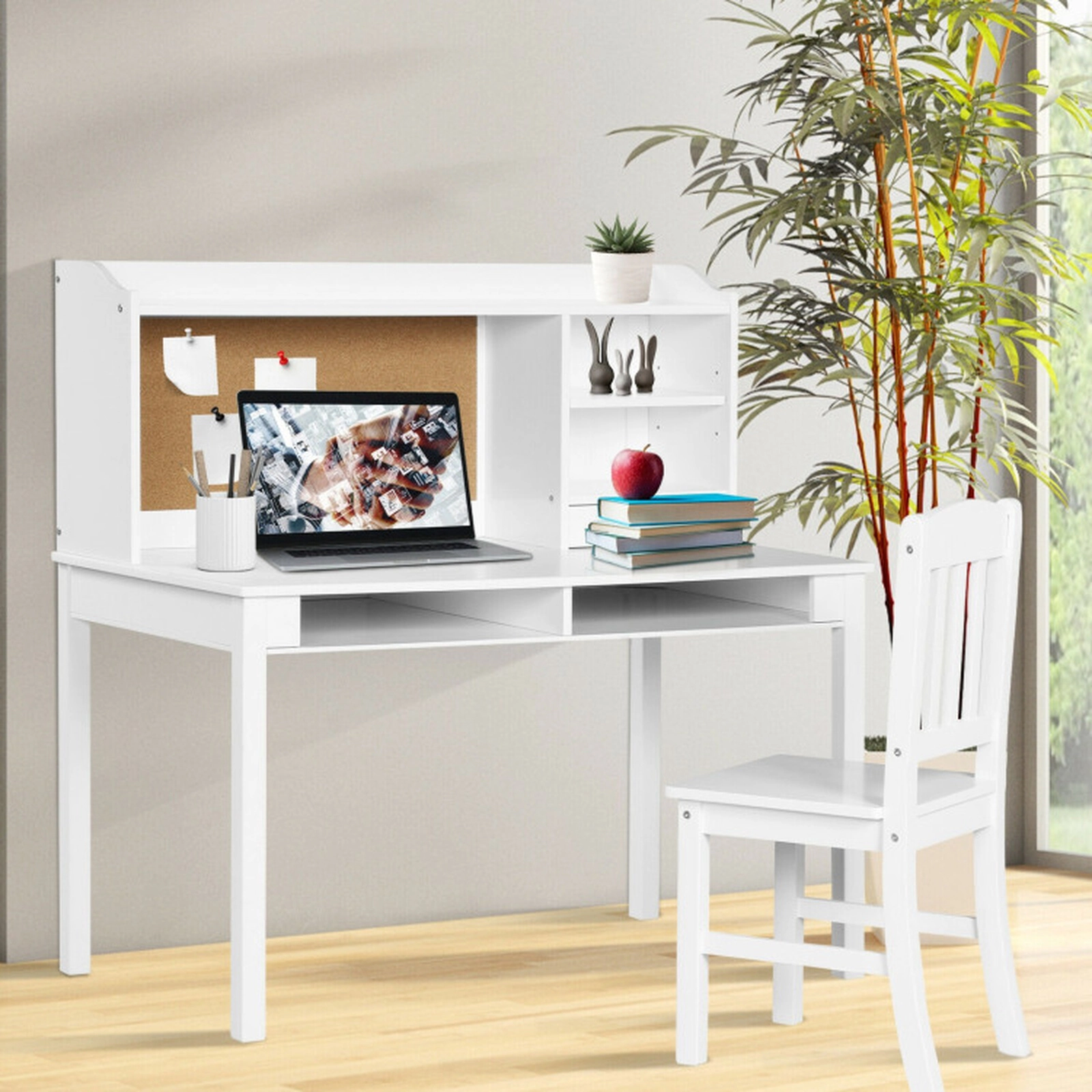 SUGIFT Kids Desk and Chair Set, White Computer Desk with Hutch, Adjustable Shelf, Corkboard and Drawer