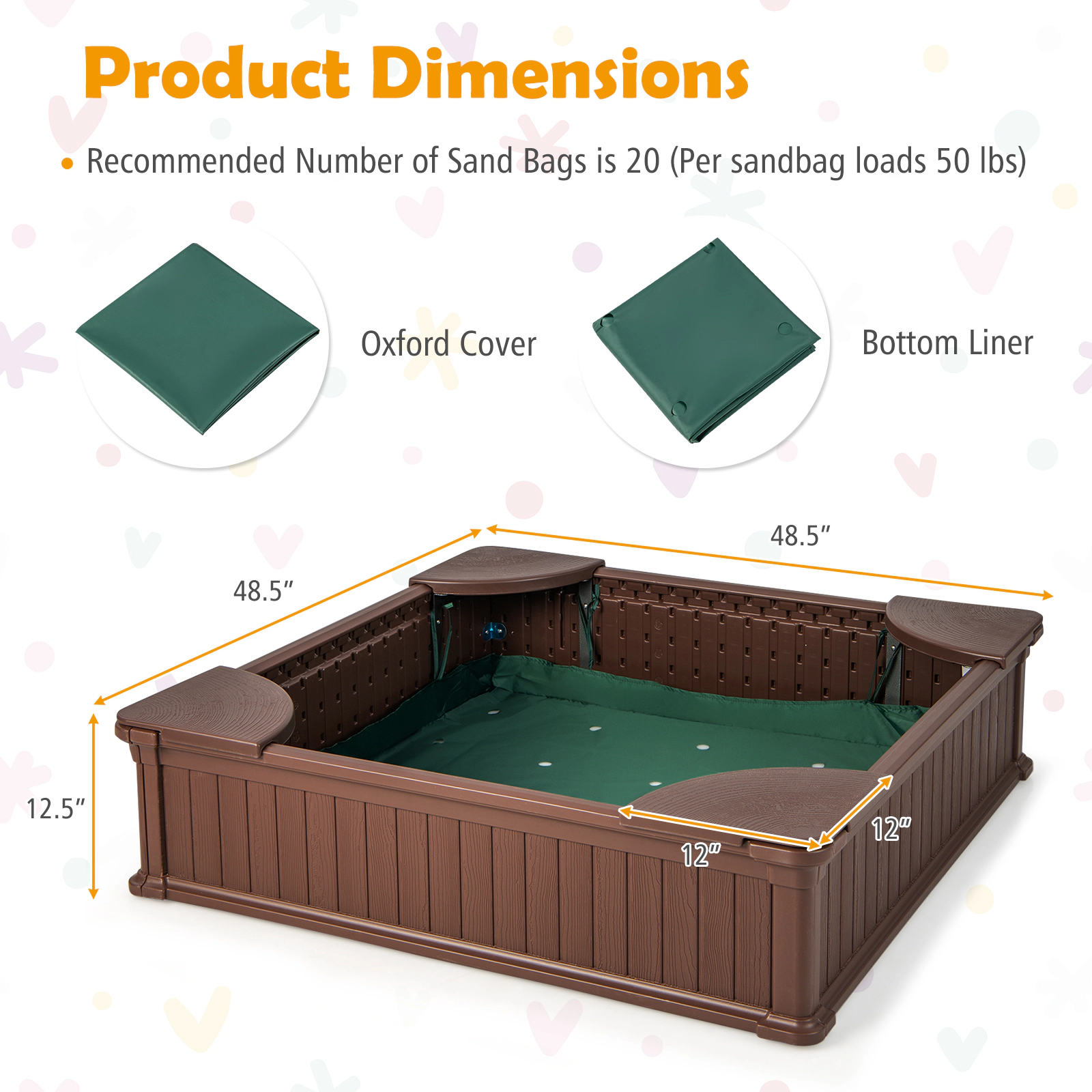 LJG Kids Outdoor Sandbox with Oxford Cover and 4 Corner Seats