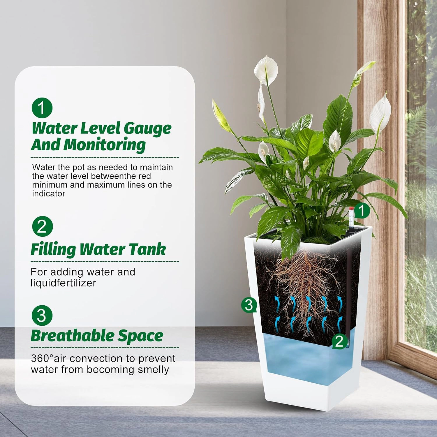 Set of 2 Planters 16" Tall, Self-Watering with Drainage & Water Level Monitor, Wheels, Indoor Outdoor