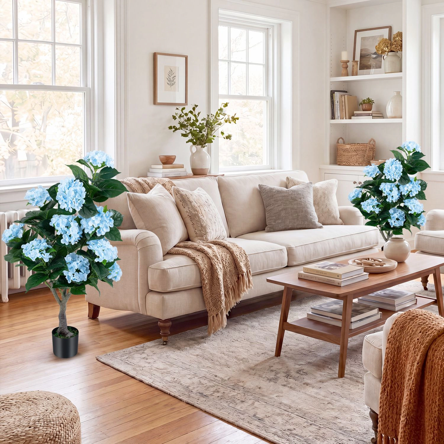 SlickBlue Artificial Hydrangea Floor Tree with 11 Blooms & Green Leaves
