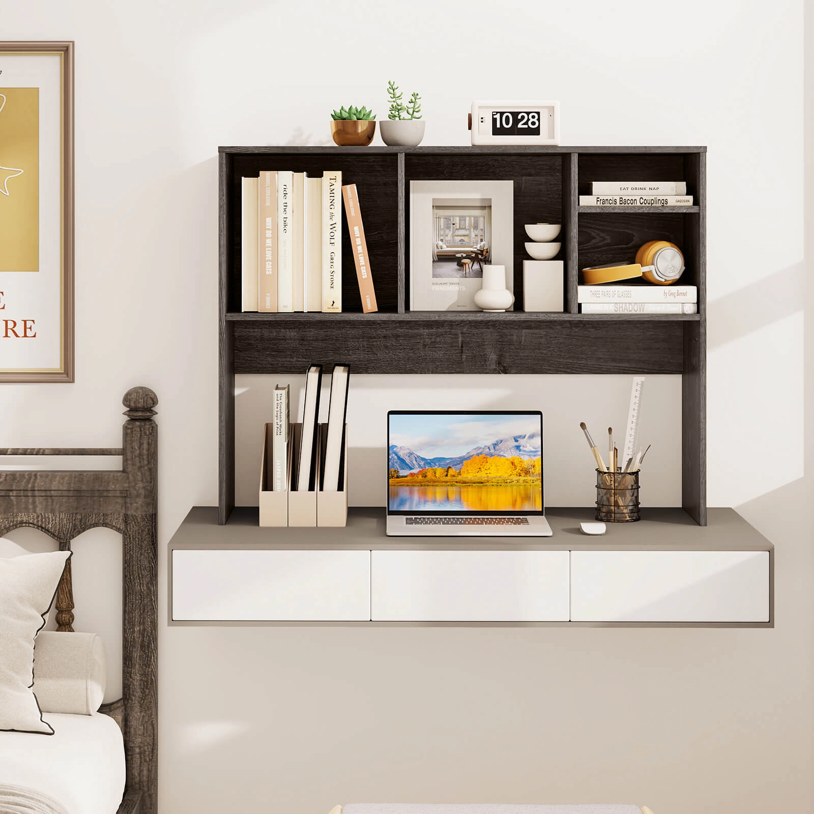 Costway Computer Desktop Bookcase Countertop Storage Bookshelf Organizer with 4 Cubbies Walnut