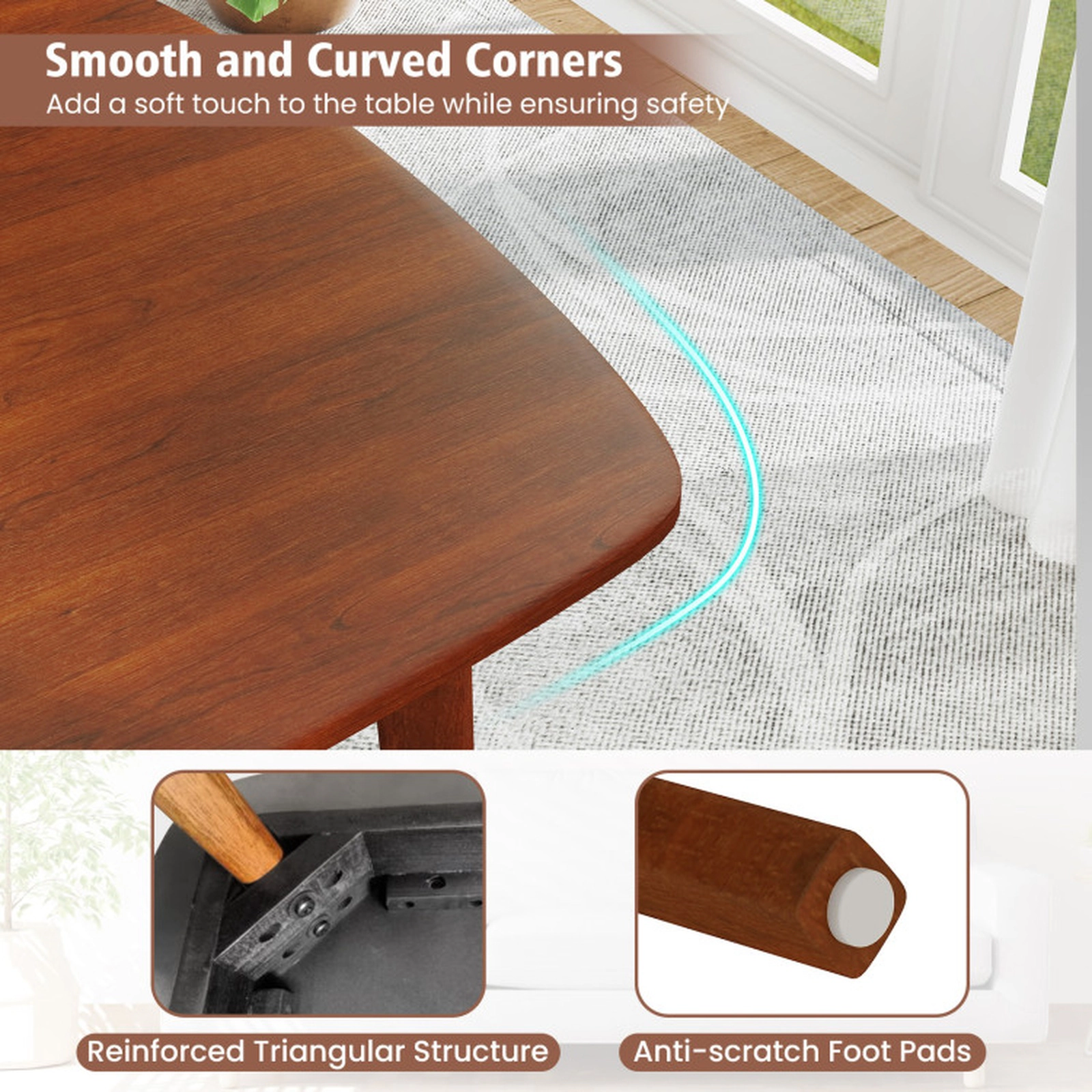 SUGIFT 43-In Walnut Rectangular Dining Table for 4, Wood Table with Rubber Wood Legs