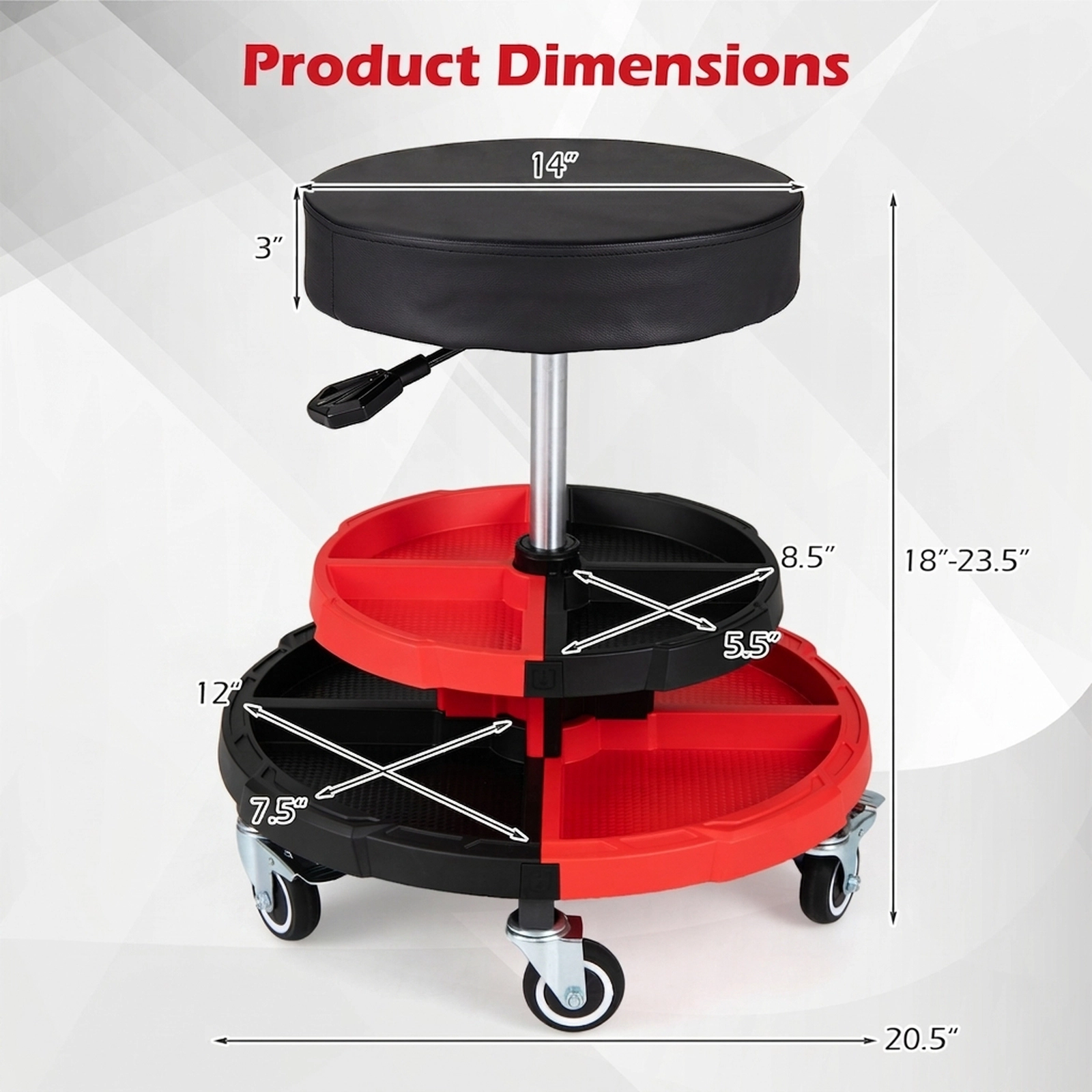 SUGIFT Adjustable Rolling Mechanic Stool with Cushioned Seat and Tool Storage Shelving 330-lb Capacity Red + Black