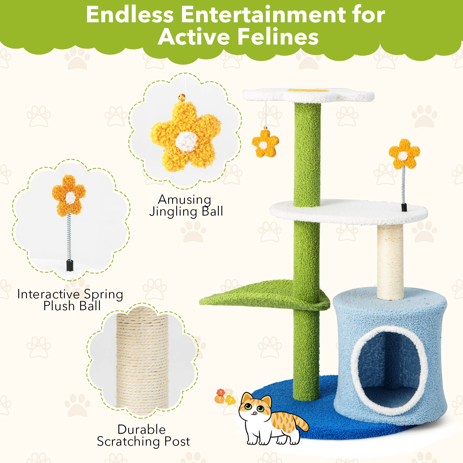 Glintex 34.5-Inch 4-Tier Cat Tree with Leaf-Shaped Perch and 2 Jingling Balls, Blue