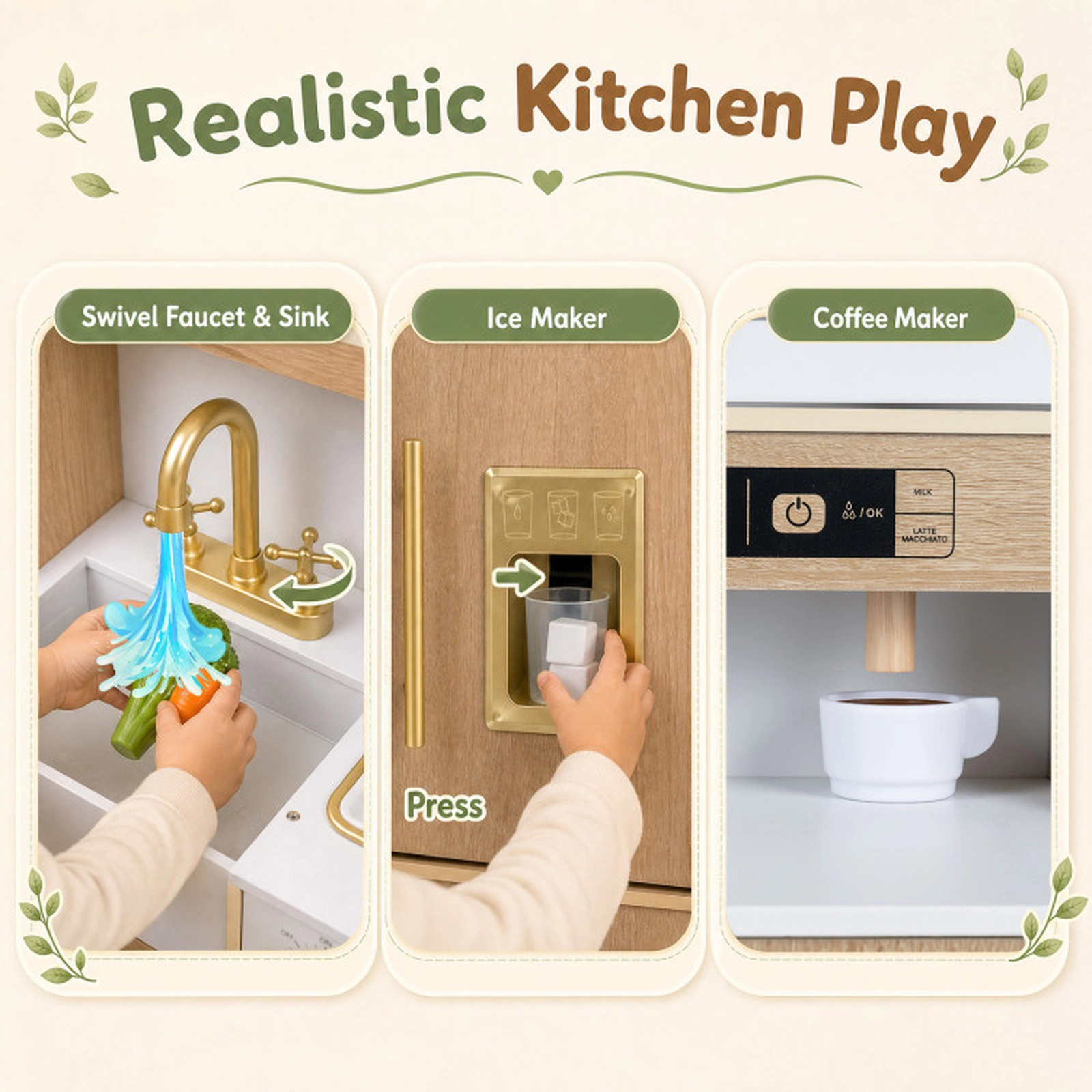 SUGIFT Wooden Play Kitchen with Lights & Sounds and Ice Maker Stove Sink for Toddlers Ages 3+ Natural+White