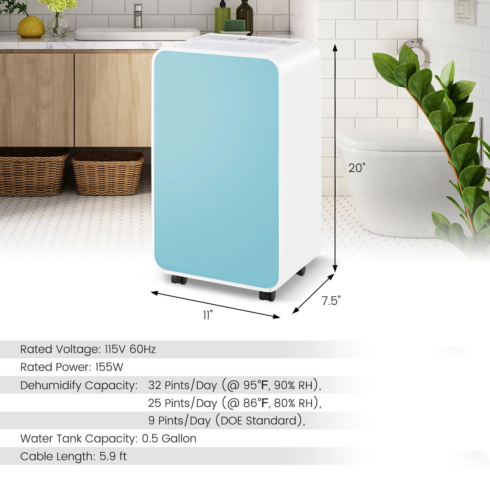 SlickBlue 32 Pint Dehumidifier for Home, Portable with Humidity Control, Timer