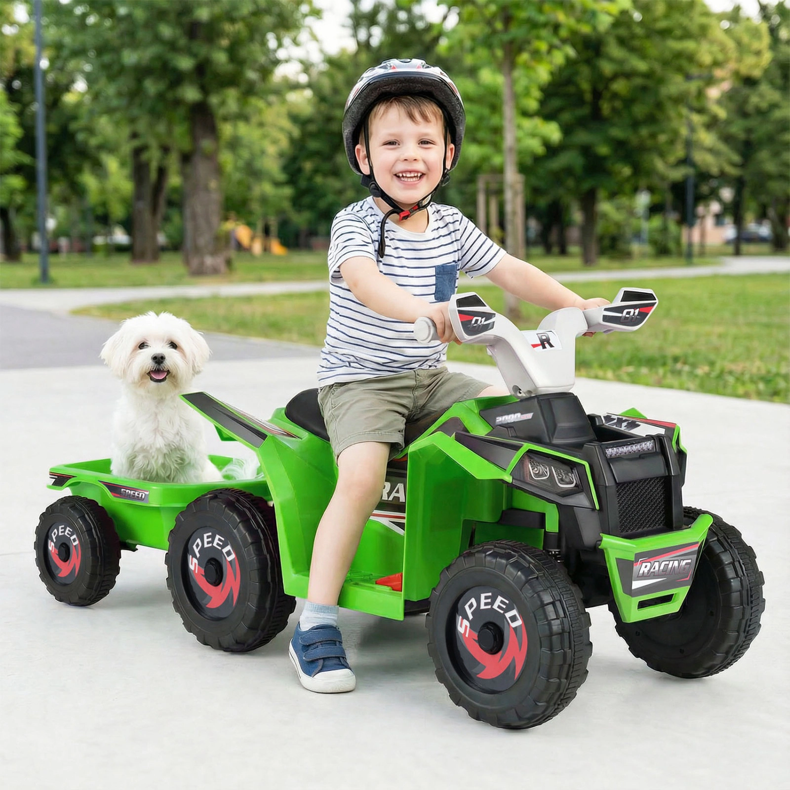 SUGIFT 6V Electric Kids Ride-On ATV Quad Car with Detachable Trailer 66-lb Capacity Ages 3+ Multi-Terrain Wheels Green