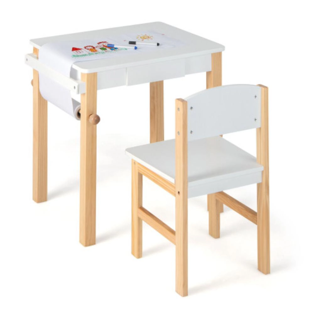 Hivvago Kids Art Table And Chair Set With Drawer Paper Roll And 2 Markers-White