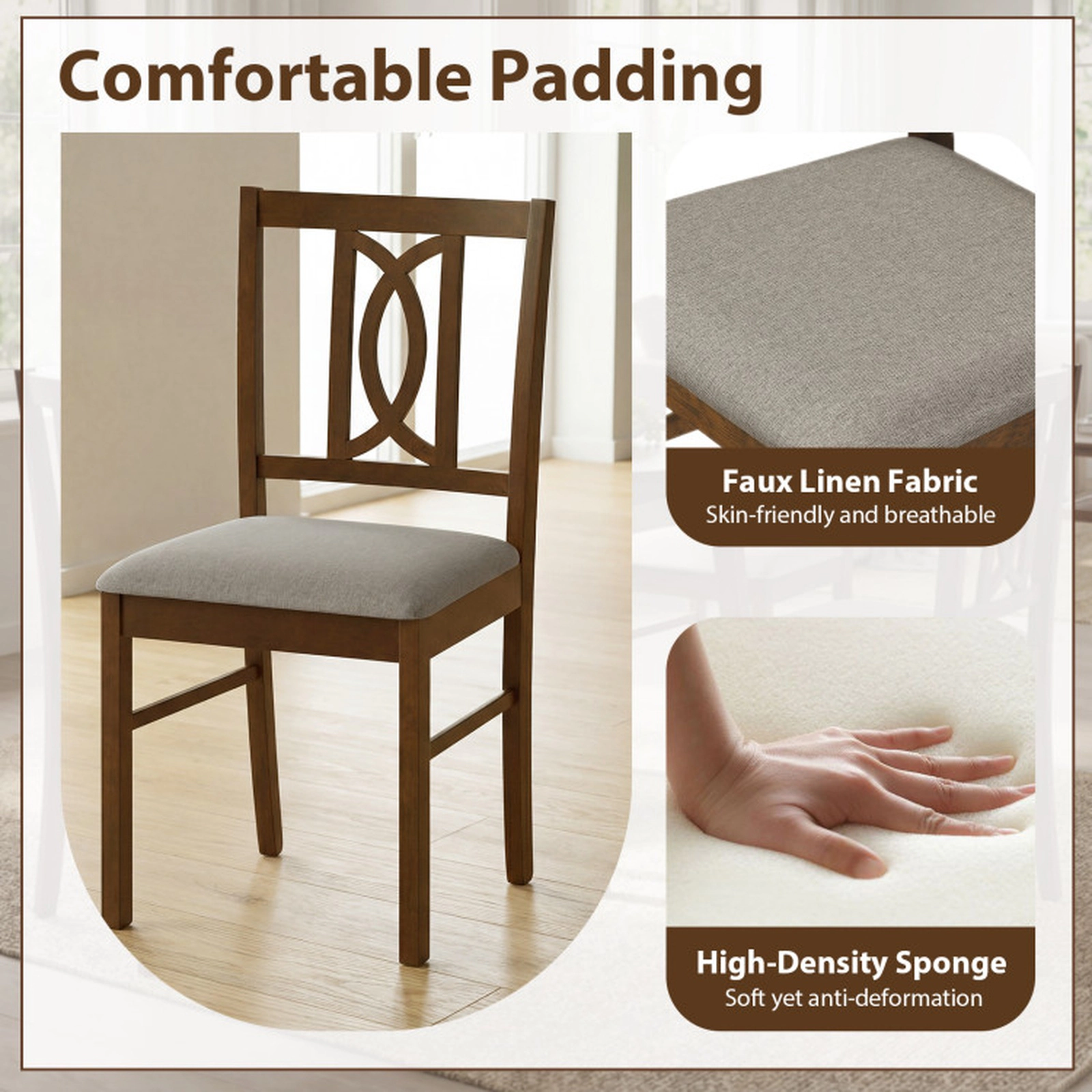 SUGIFT Set of 2 Walnut Rubber Wood Dining Chairs with Padded Faux Linen Seats