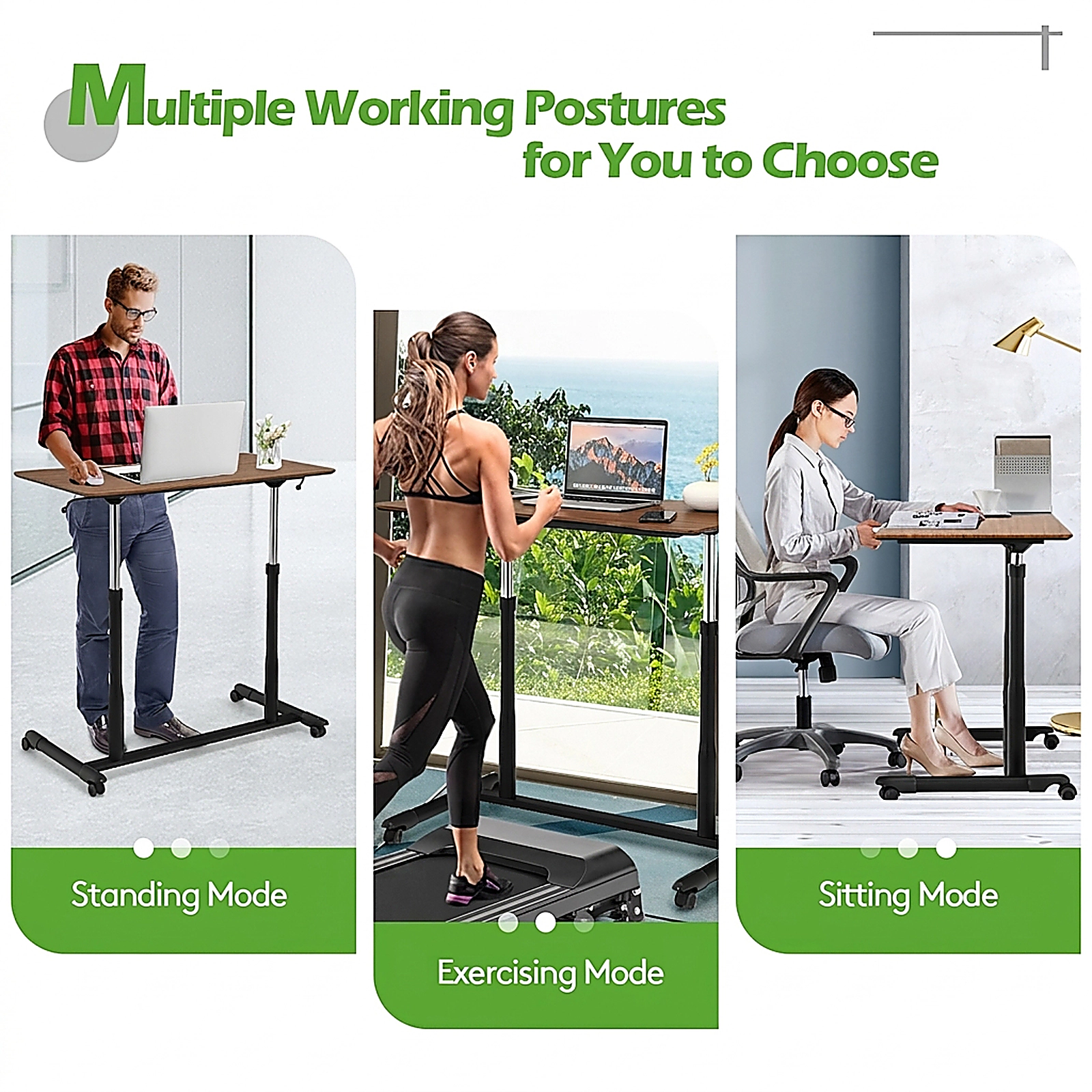 SUGIFT Height Adjustable Sit to Stand Rolling Computer Desk With 37.5 x 21.5 in Work Surface 66-Lb Capacity Brown