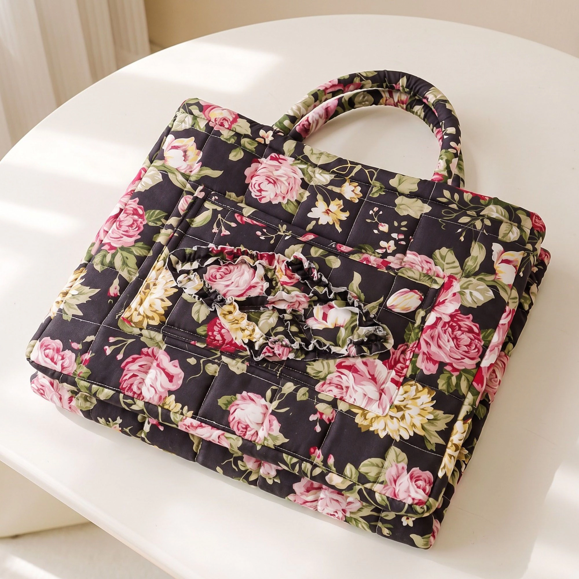 Alilang Unisex Quilted Floral Storage Basket with Handles and Front Pocket