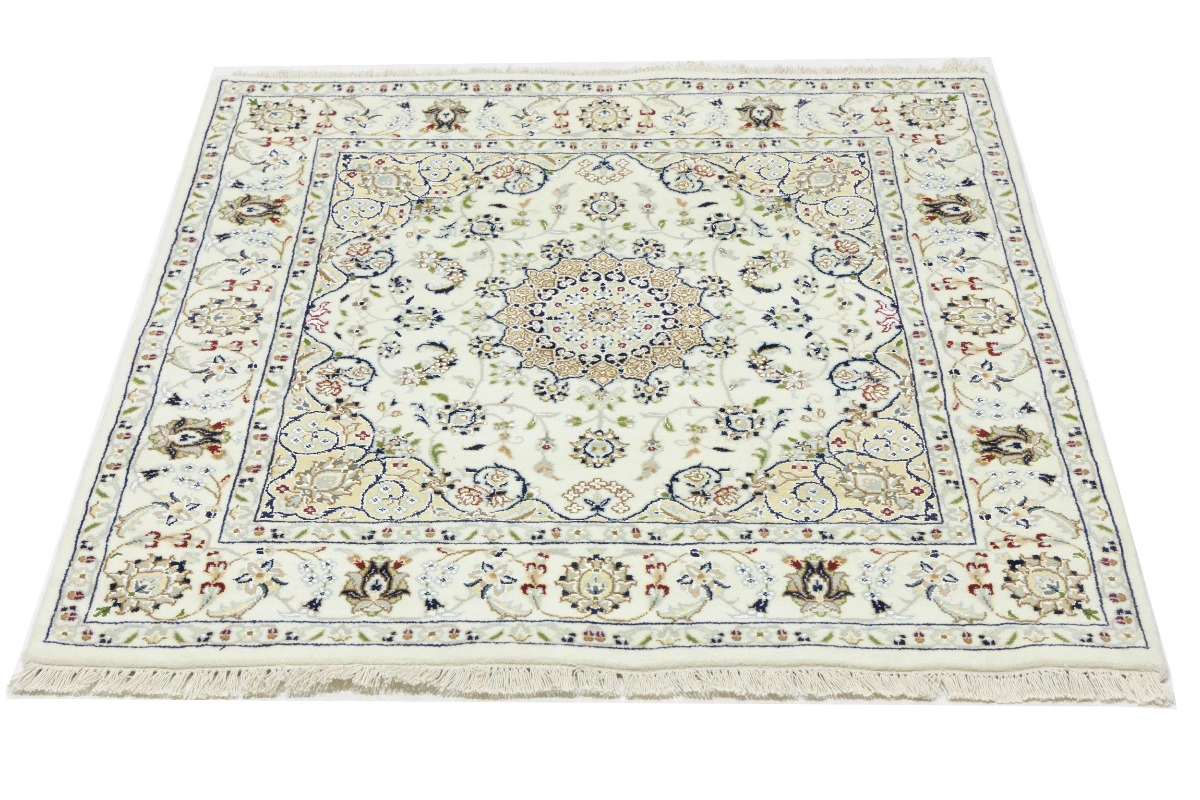 Magic Rugs 4'2 x 4'2 Hand Knotted Indo-Nain Cream Floral Wool Square Rug