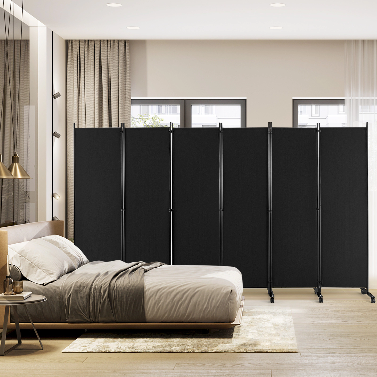 SUGIFT 6-Panel Metal Frame Polyester Panels Rolling Room Divider 132-in x 68-in 1.5-in Wheels 28-lb Black