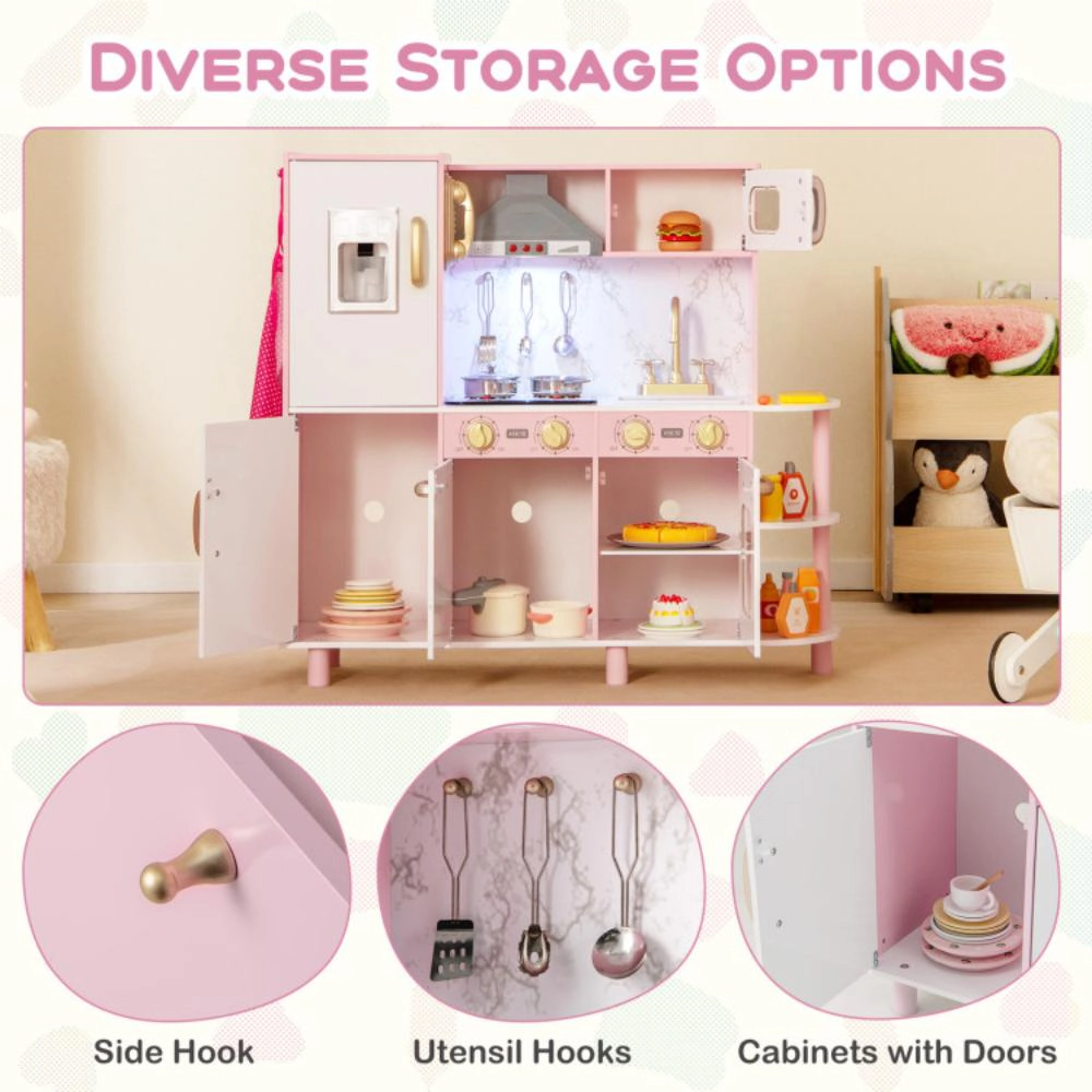 Hivvago Wooden Kitchen Playset with Ice Maker and Sounds for Ages 3+-Pink