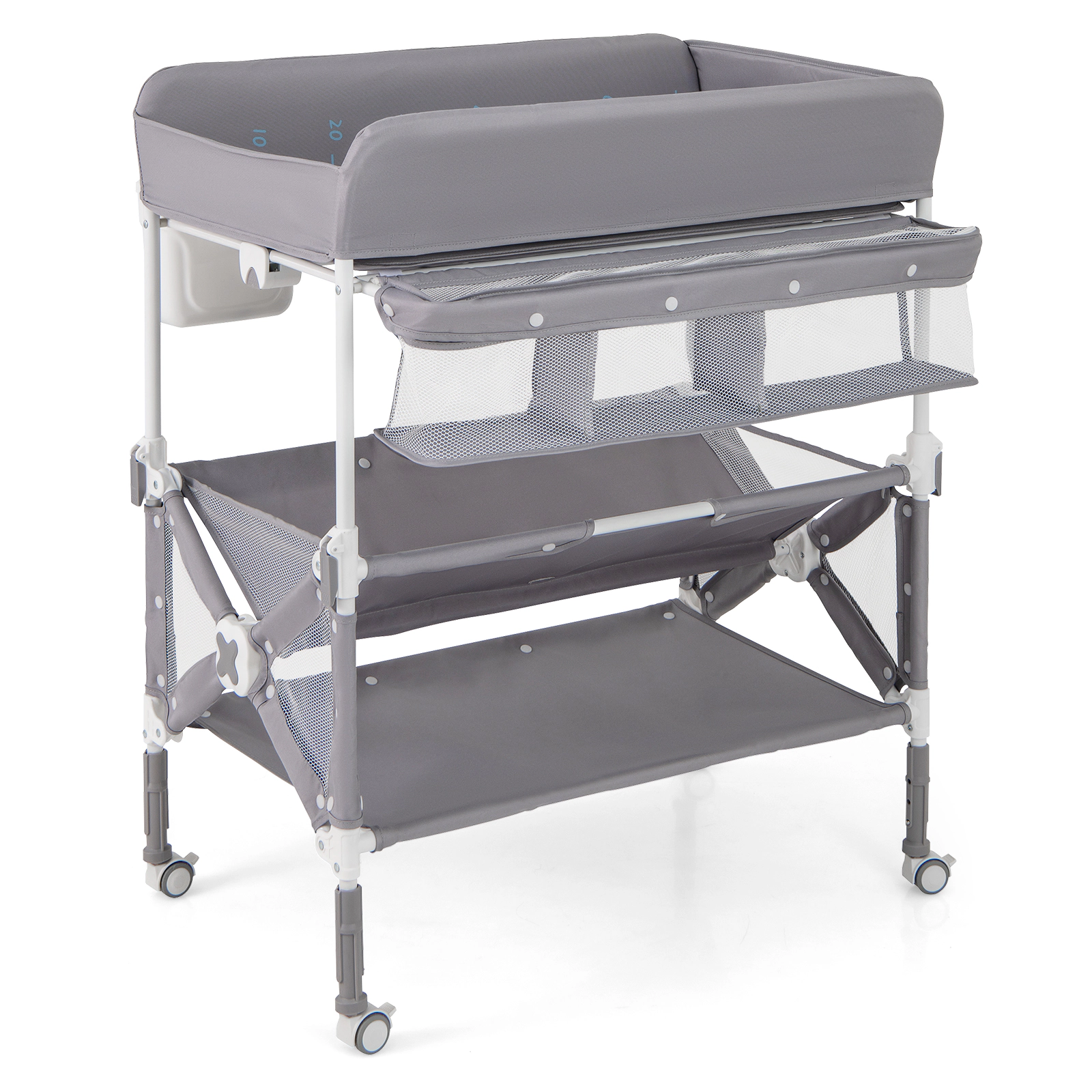 SUGIFT Portable Baby Changing Table Gray with Wheels Storage Basket and Trash Bin
