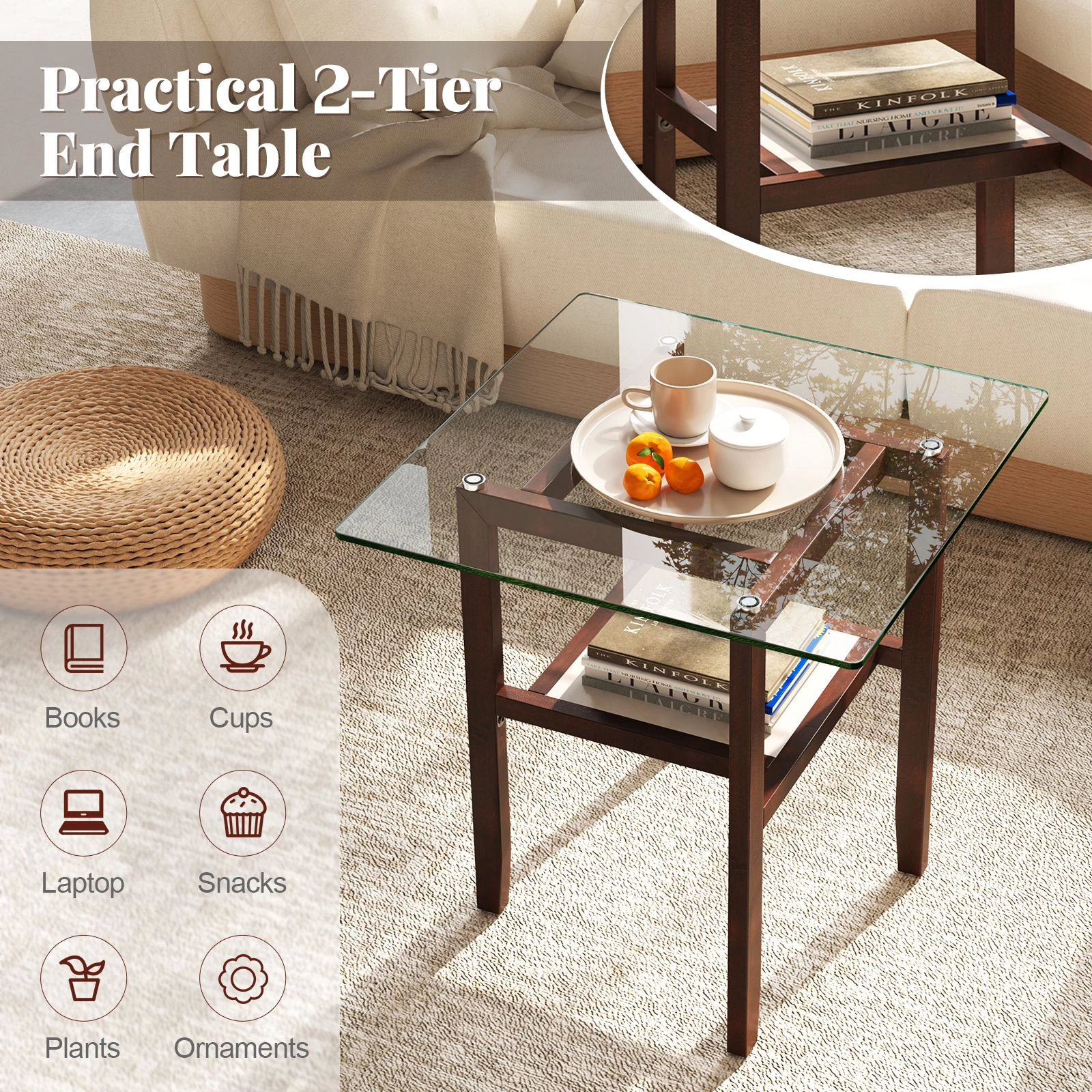 SlickBlue 24 Inch Square Glass Coffee Table with Storage Shelf