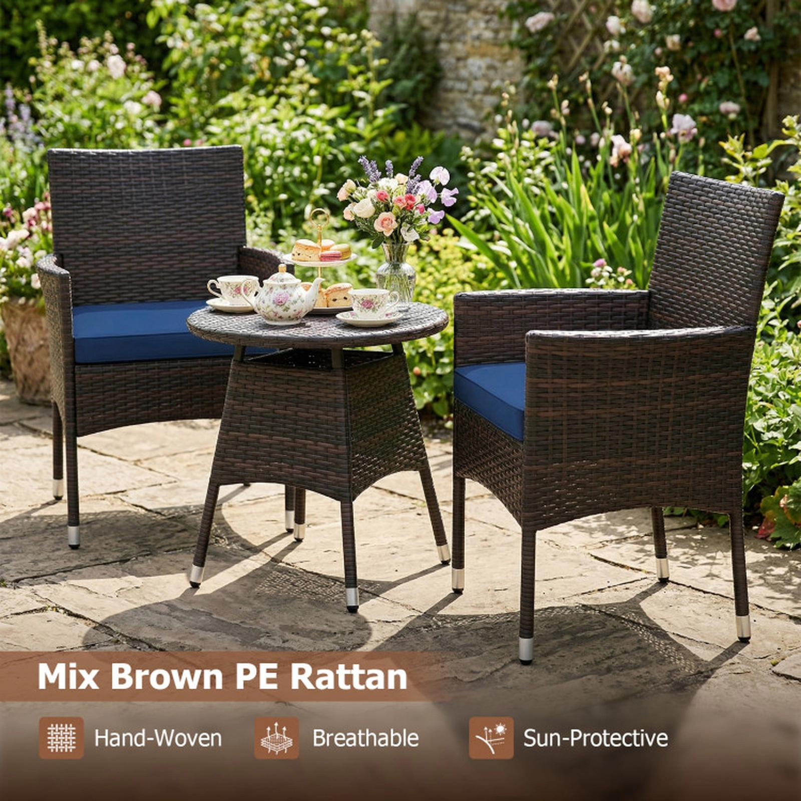 SUGIFT Navy 2 Cushioned Chairs and Side Table 3-Piece Patio Rattan Bistro Set