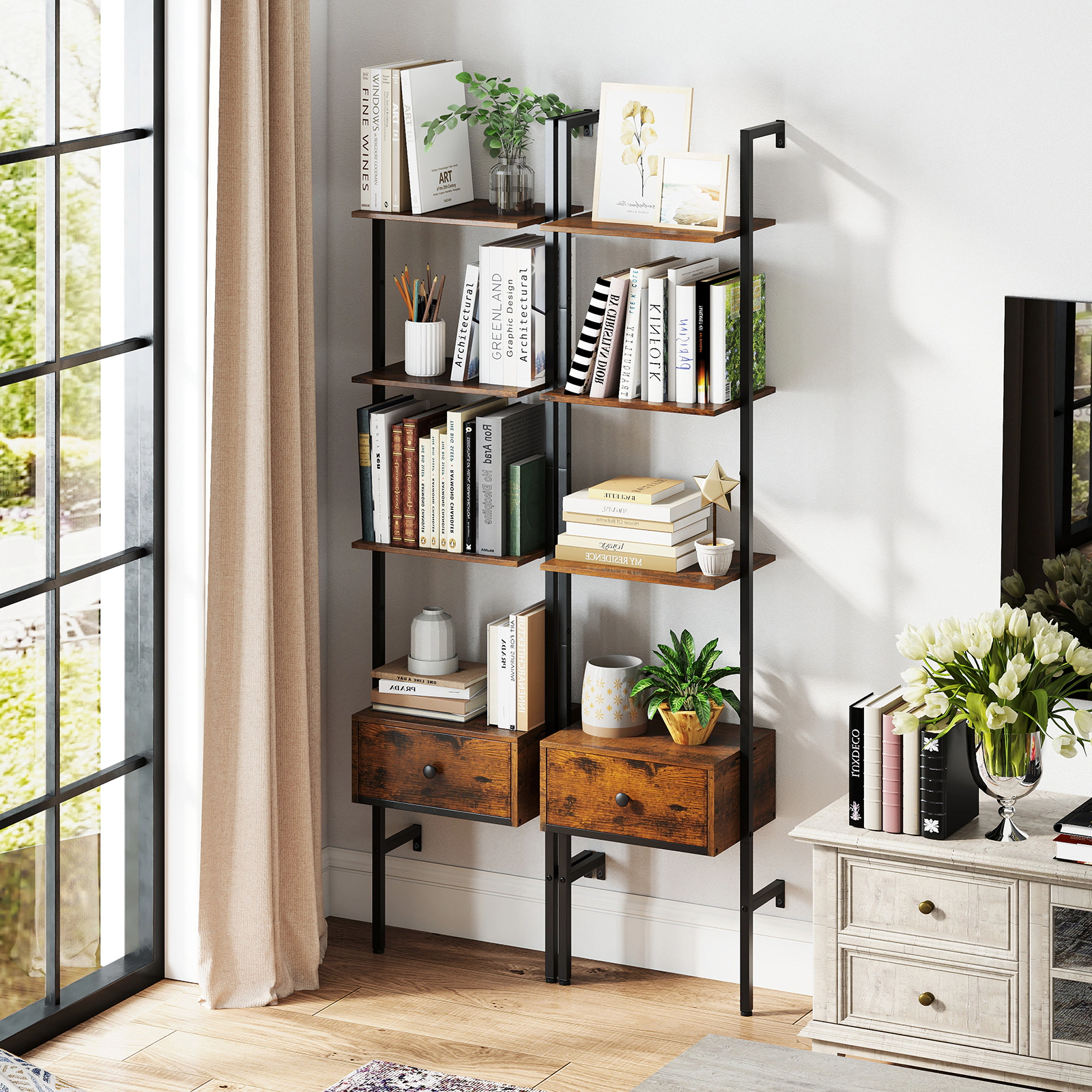 LJG 5-Tier Ladder Bookcase with Drawer and Metal Frame for Study Home Office