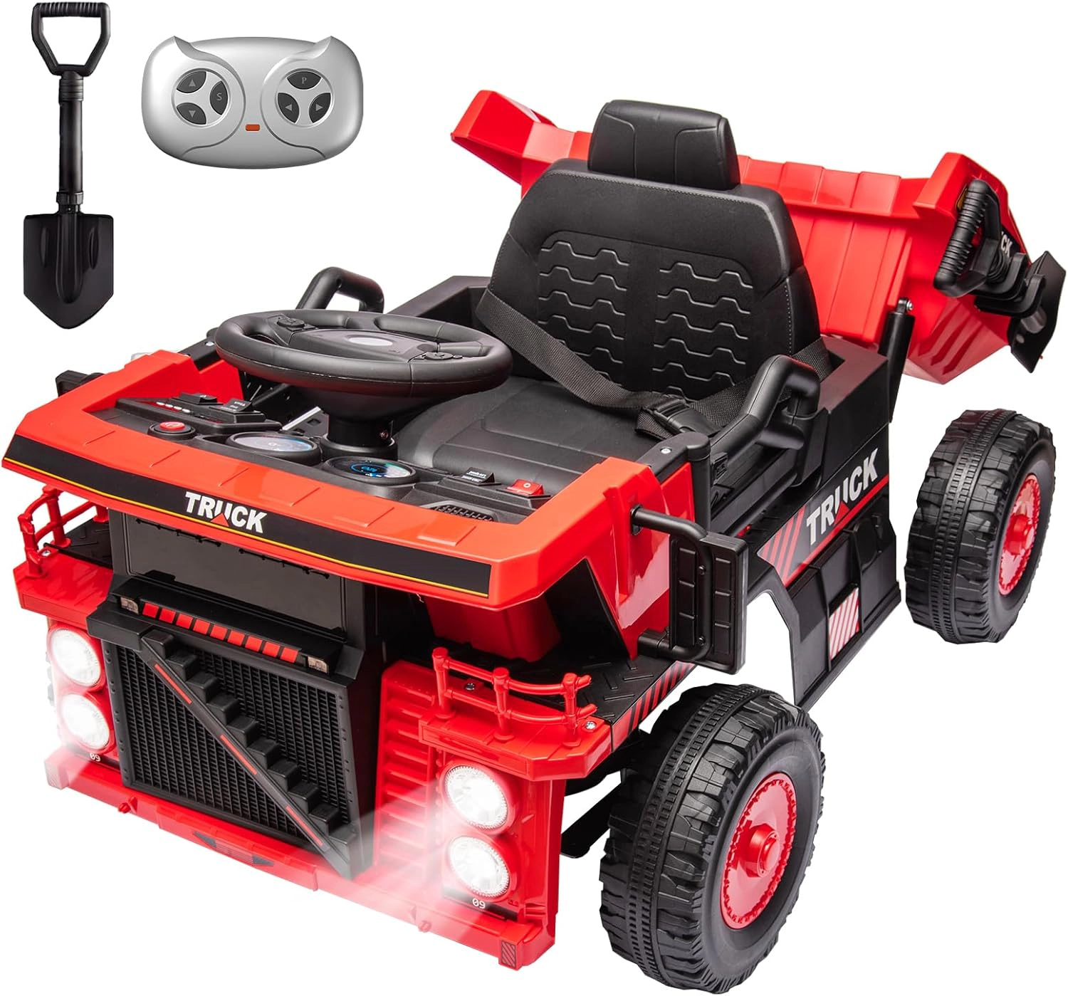 12V Kids Ride On Dump Truck, Electric Construction Car w/ Remote, Lift Bed, Shovel, Music & LED Lights