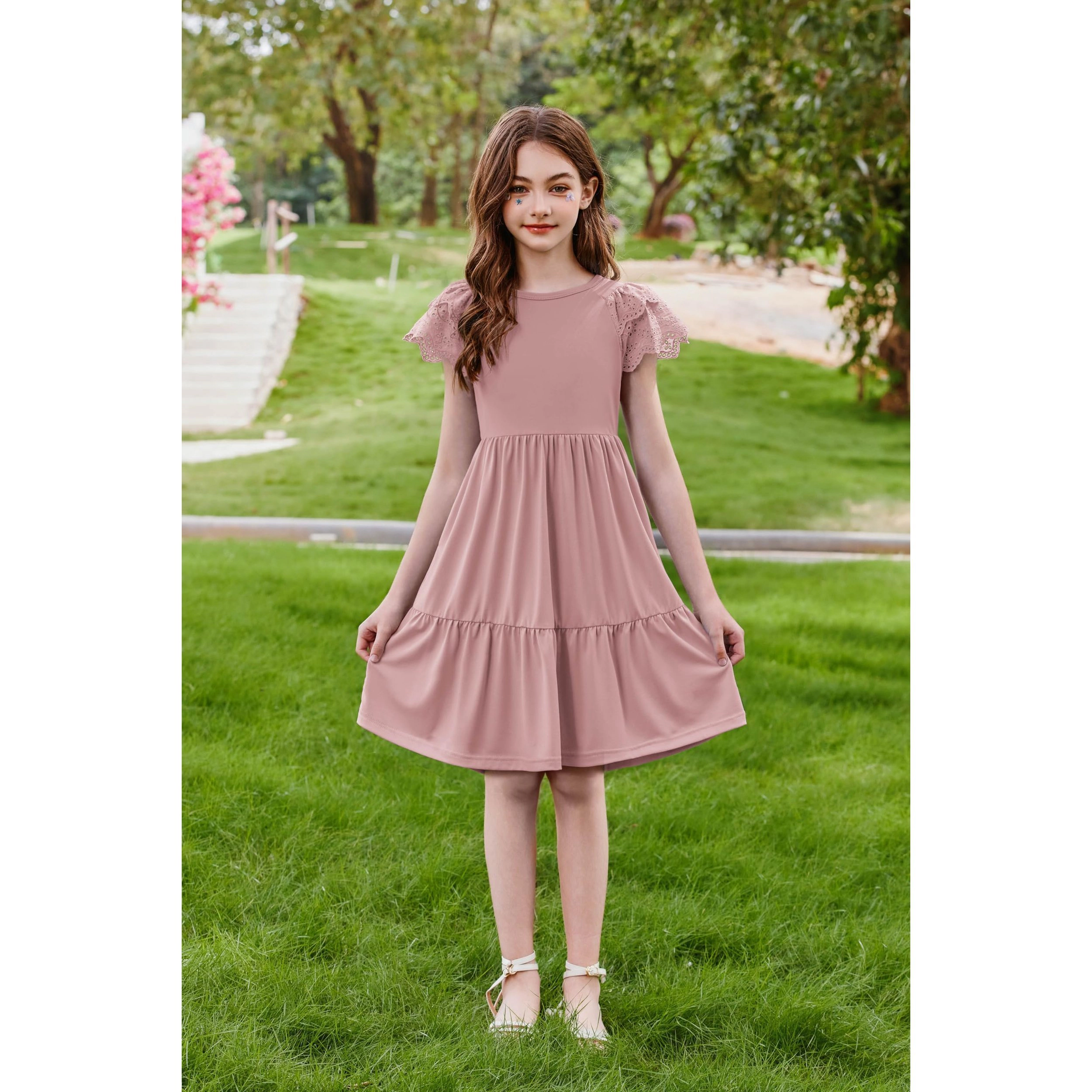 Arshiner Girls Summer Dresses Casual Flutter Sleeve Aline Midi Dress With Pockets