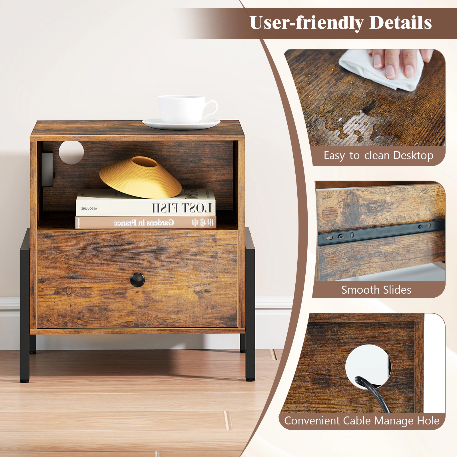 Hivvago Nightstand with Charging Station and Drawer Sofa Side Table