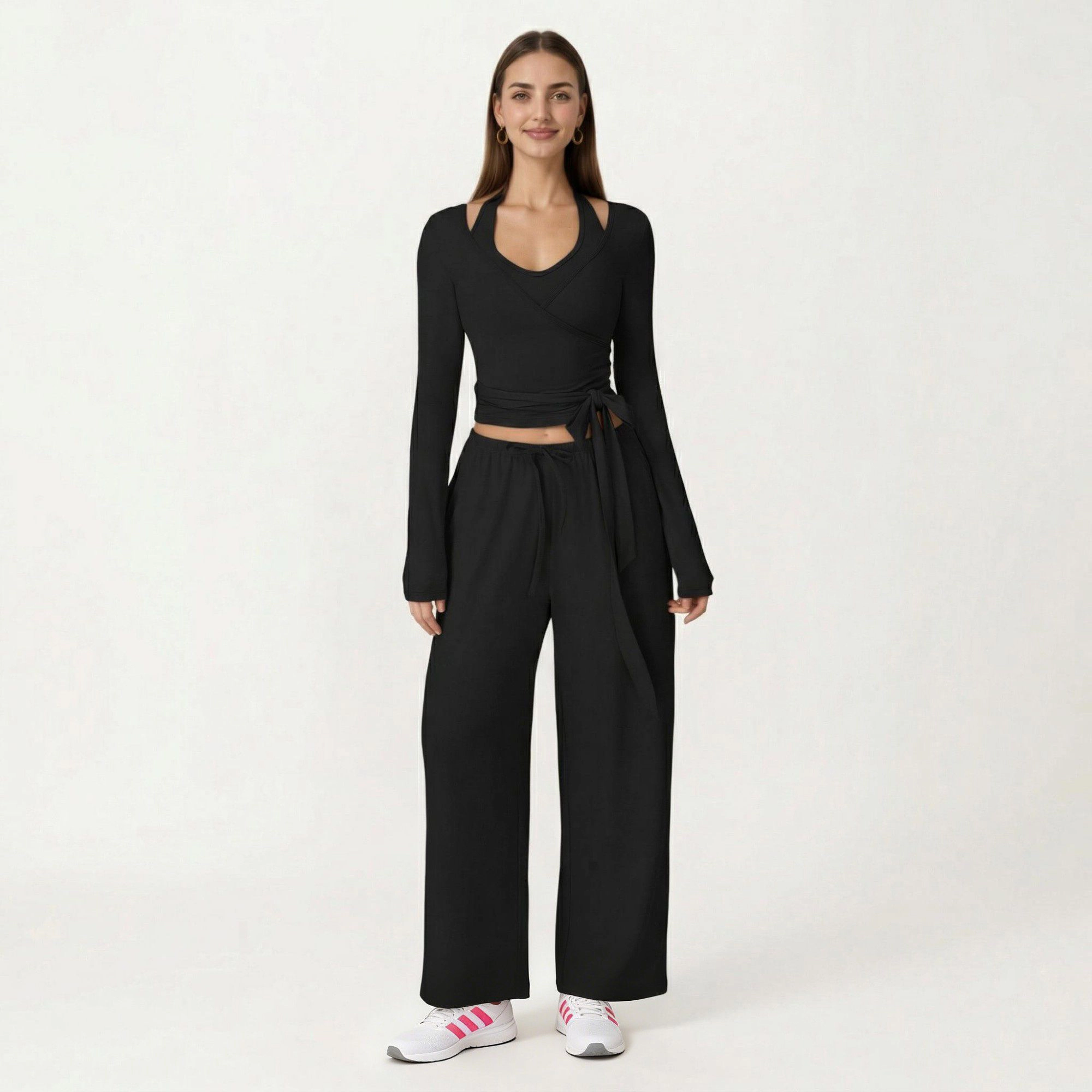 Anna-Kaci Women's Long Sleeve Wrap Front Crop Top with Tie Waist V Neck Fitted Stretch Knit Shirt