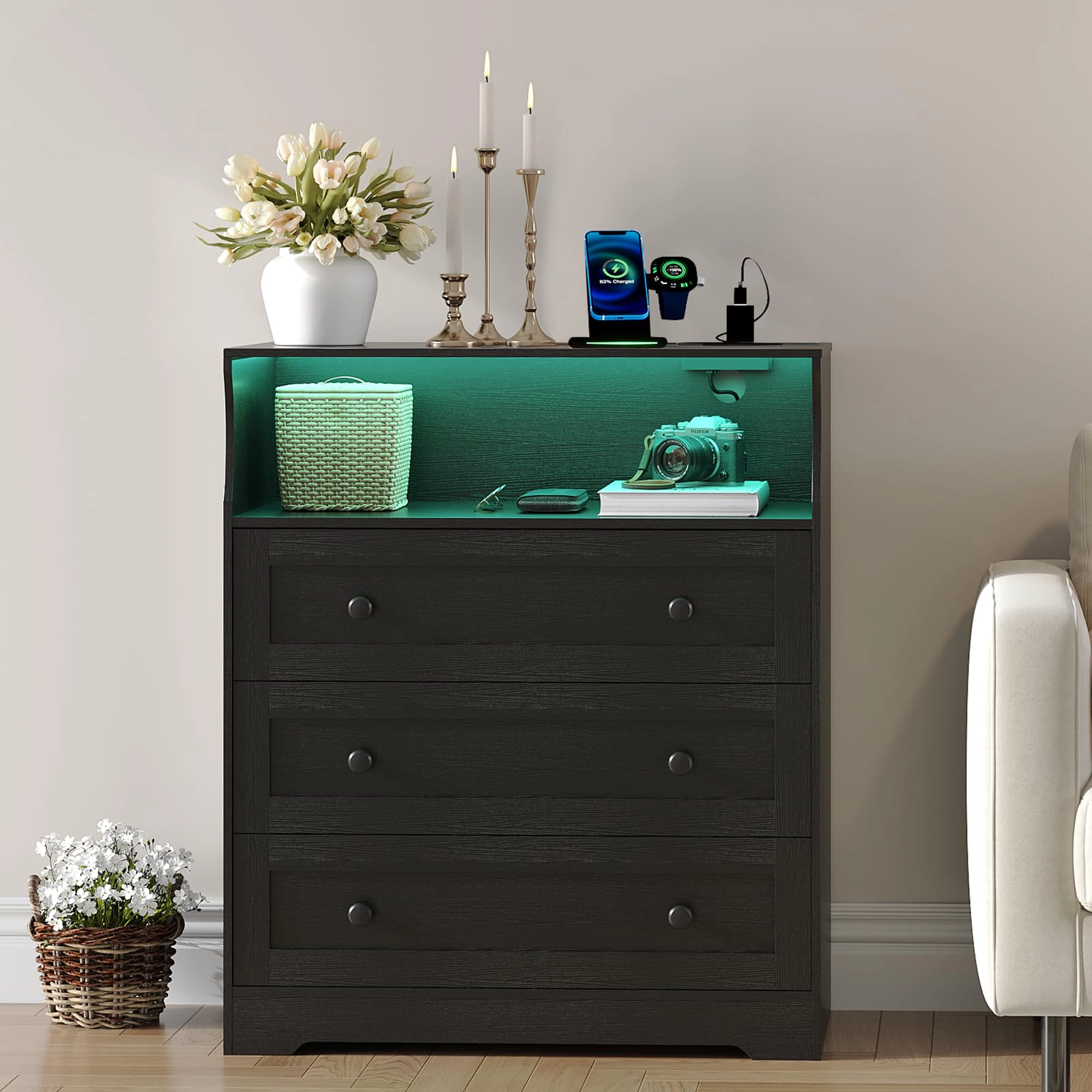 37.2" 3 Drawer Dresser with LED Lights & Charging Station, Wood Storage Chest Open Shelf