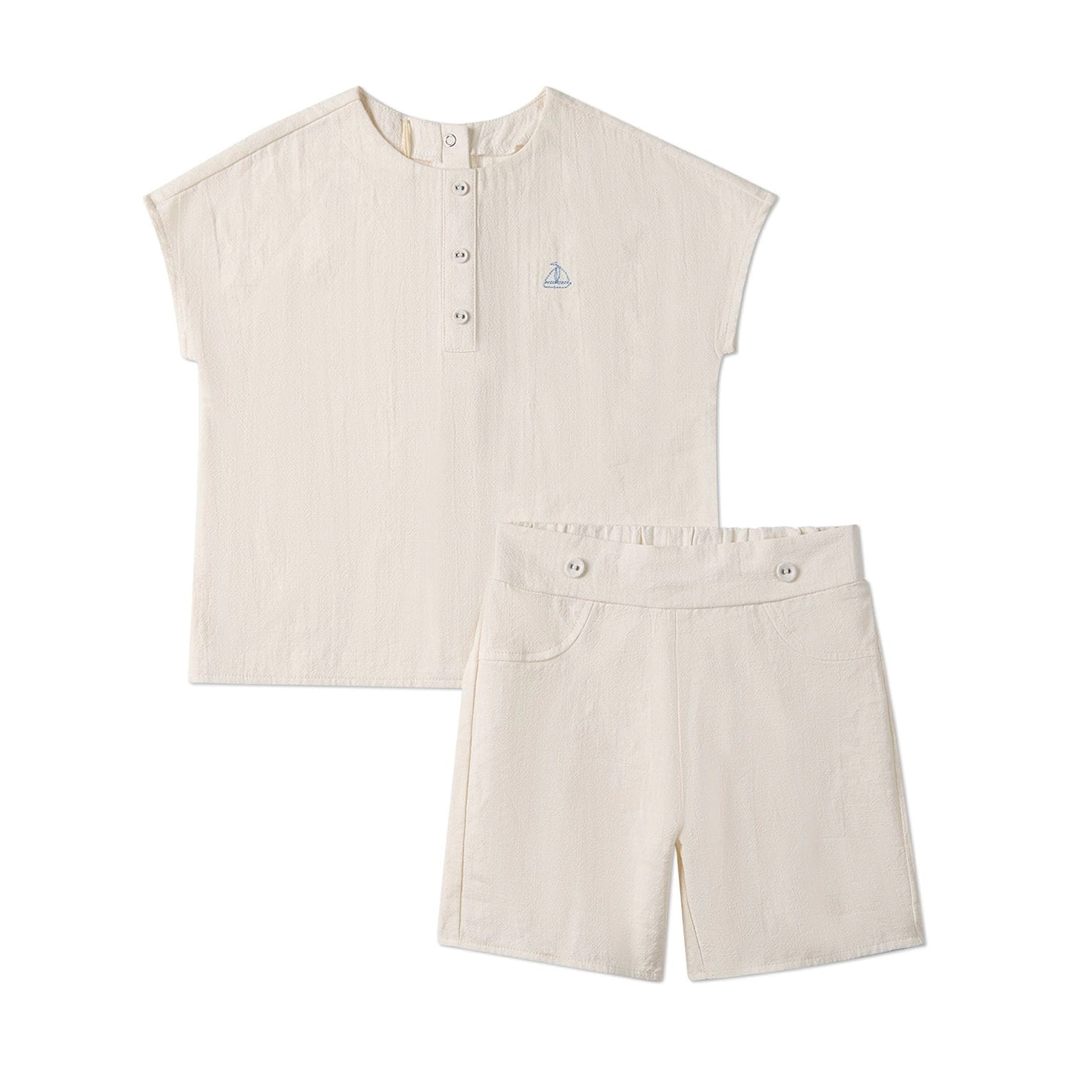 Memoi Unisex 2 Piece Kids "Set The Sail" 100% Cotton Embroidered Shorts Set