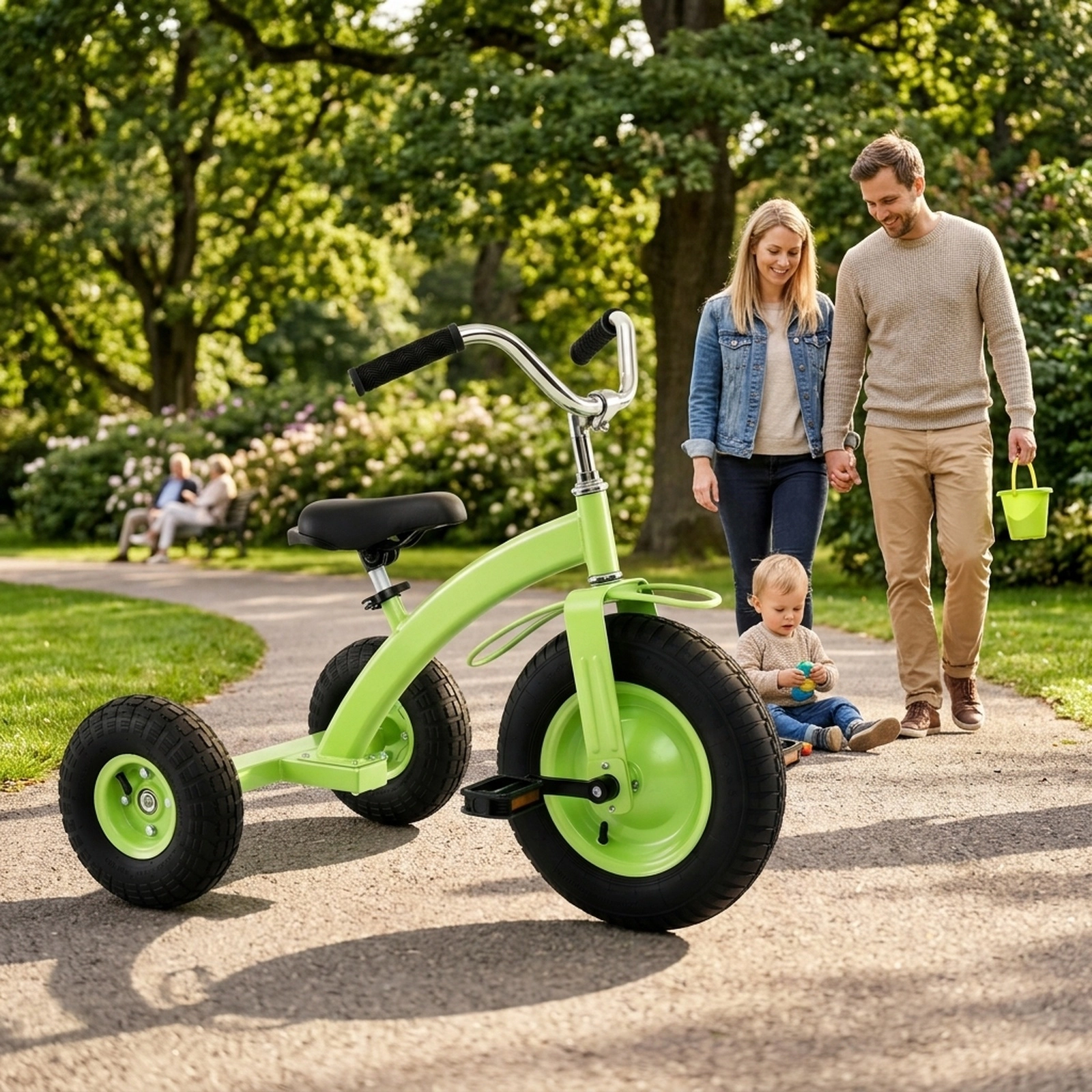 Kids Tricycle 15-in Inflatable Front Tire Carbon Steel Frame Adjustable Handlebar and Padded PU Seat Ages 3+ Green