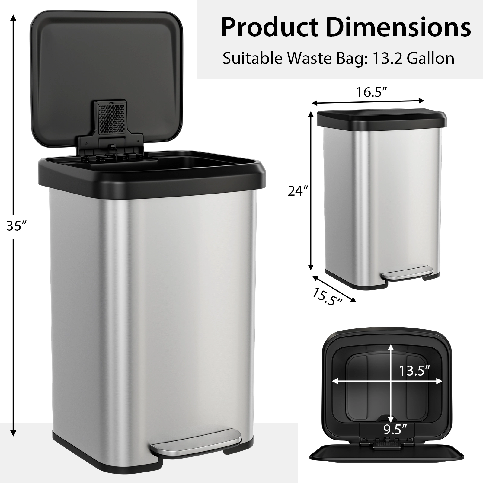 Hivvago 13.2 Gallon Step Trash Can with Soft Close Lid and Deodorizer Compartment